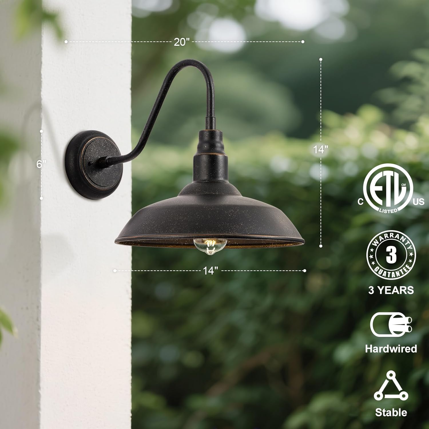 14in outdoor gooseneck barn light for farmhouse, bronze exterior wall light fixture for porch, large outside farmhouse wall sconce for garage patio doorway house bronze 14" dome