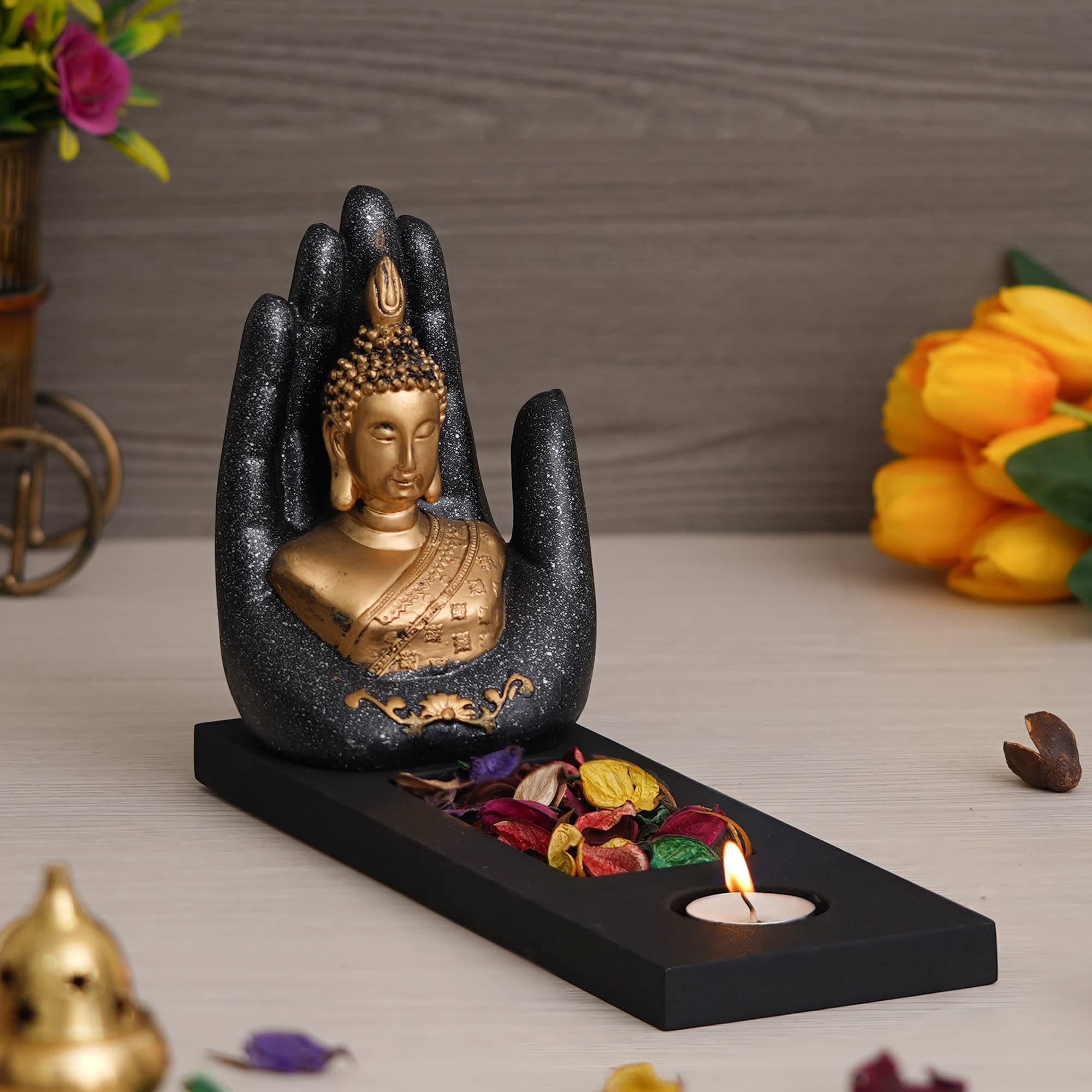 eCraftIndia Gold & Grey Polyresin Palm Buddha Showpiece with Rectangle Wooden Base, Fragranced Petals & Tealight (B0BPSRVW34) Amazon Price History, Amazon Price Tracker