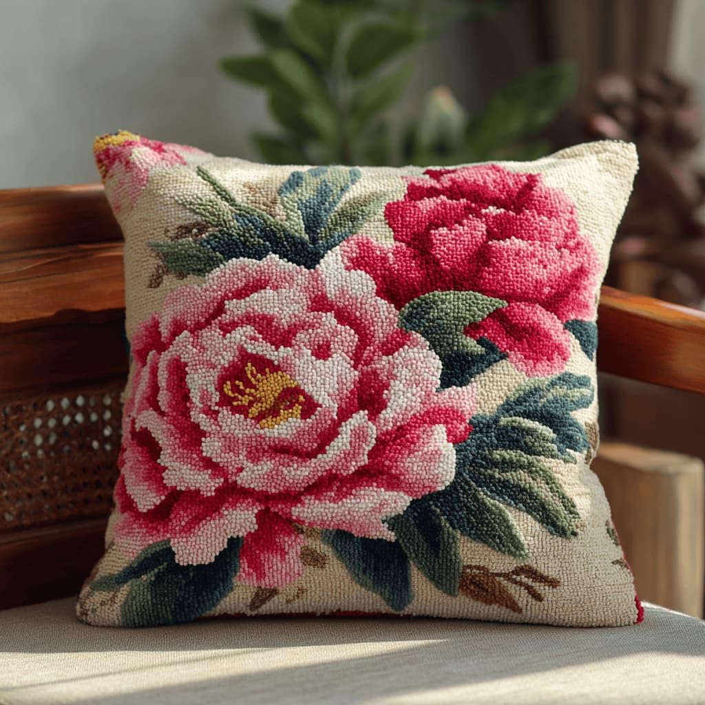 Kitquiver Latch Hook DIY Pillow Kit,Peony Handmade Cushion Cover 43X43Cm