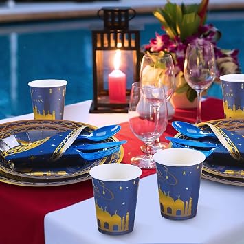 FillTouch 168 Pcs Eid Mubarak Party Goods Supplies Decorations for 24 Guests, Include Ramadan Mubarak Paper Plates Cups Napkins Plastic Knives Forks Spoons Tableware Set for Ramadan Family Party