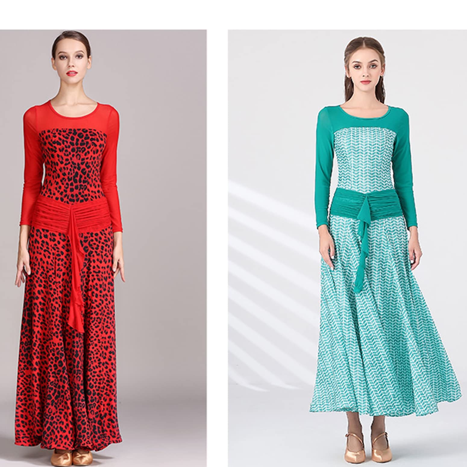 Disfraces De Actuación De Vals Estampados para Mujer Vestidos Entrenamiento Baile Flamenco Malla Manga Larga Ropa De Baile Plisada Tango Foxtrot De Cuello Redondo