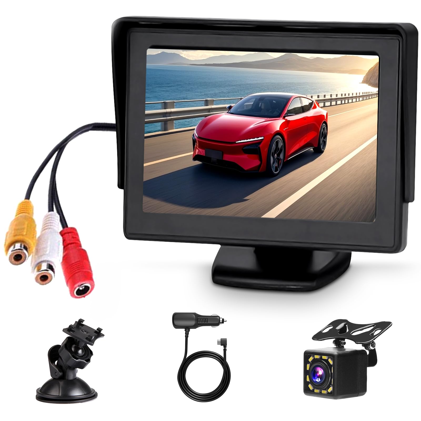 Rimoody Kamera wsteczna z wyświetlaczem LCD o przekątnej 4,3 cala, 12 diodami LED, kamera noktowizyjna, IP68 wodoodporna z kablem AV 6,5 m z adapterem 3,5 m
