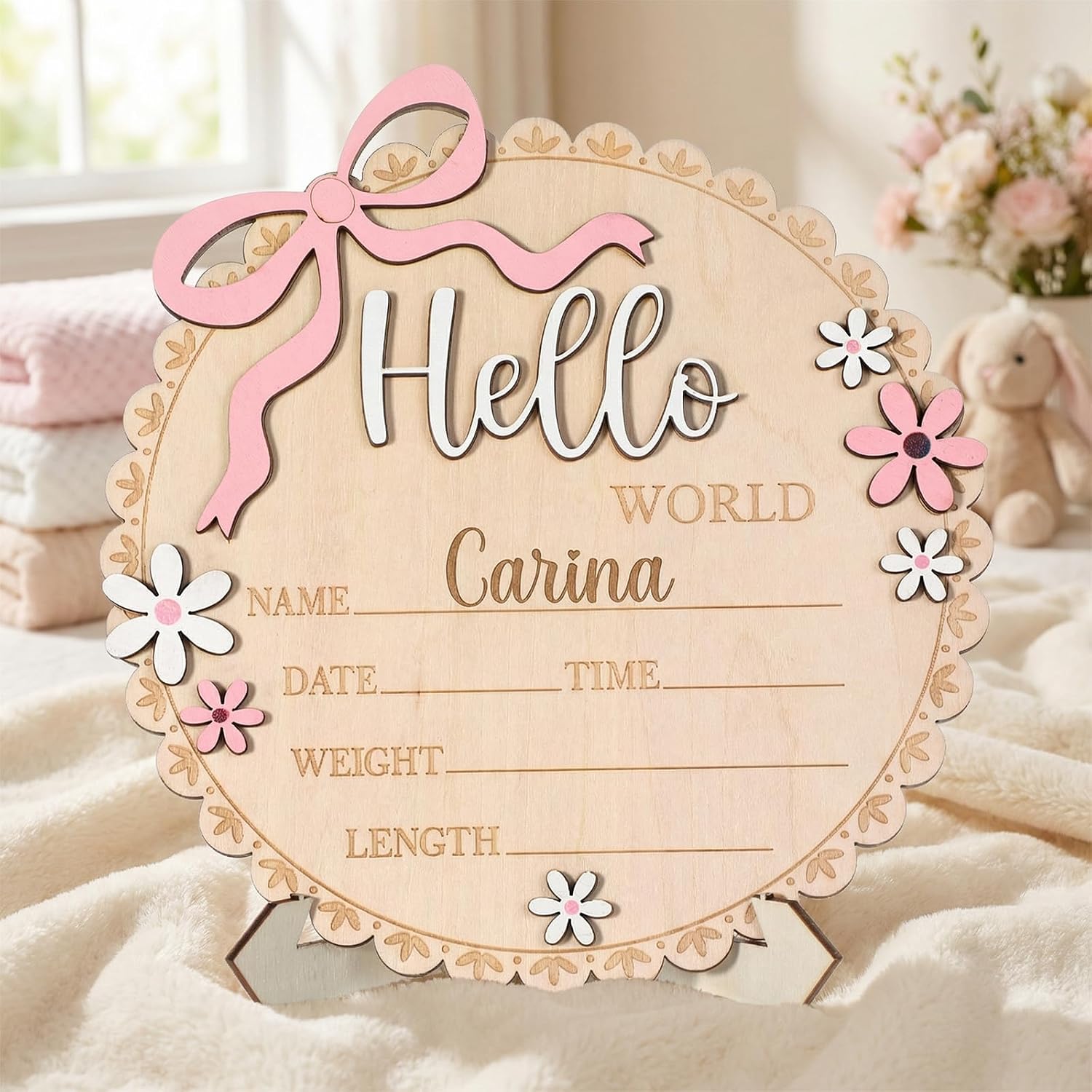 Hello World Newborn Sign, Pink Floral Bow Wooden Baby Announcement Sign with Stand Birth Welcome Board for Newborn Girls Photo Props Baby Shower Hospital Nursery