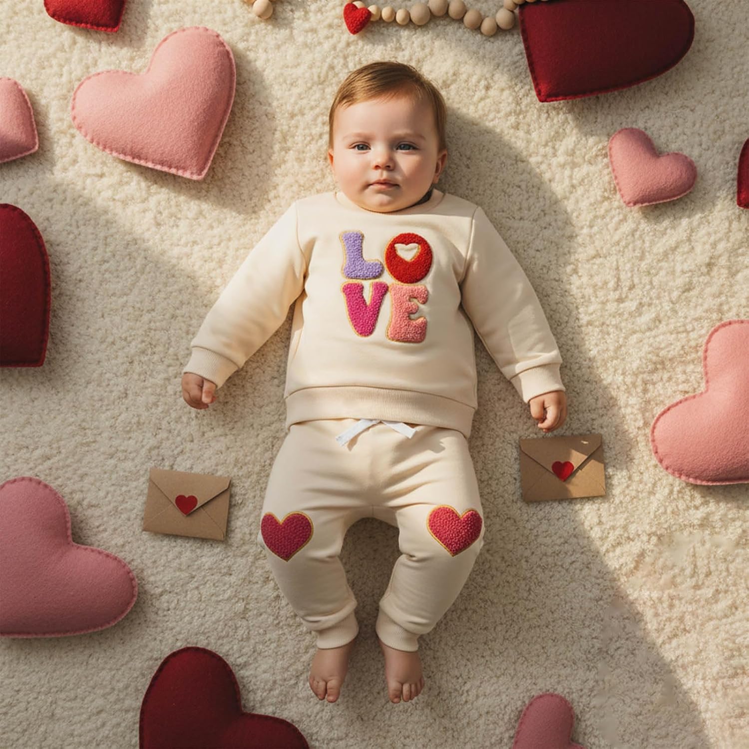 Toddler Baby Girl Valentines Day Outfit Love Heart Embroidered Long Sleeve Sweatshirt and Pant Sets 2 Pcs Clothes - Image 4