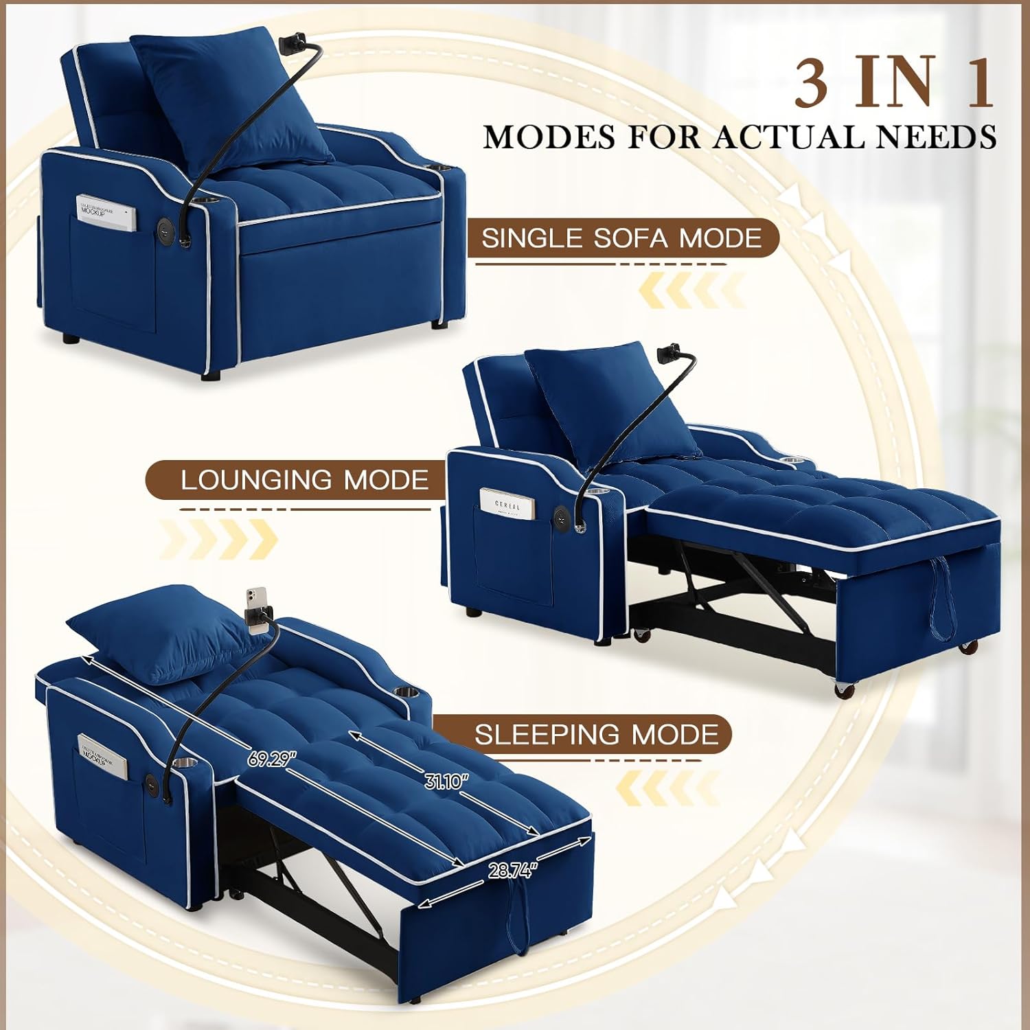 Convertible Sleeper Sofa Chair Bed, 3 in 1 Tufted Velvet Pull Out Sleeper Chair with Adjustable Backrest & Phone Holder, Modern Single Sofa Chair for Living Room, Small Spaces, Apartment, Blue