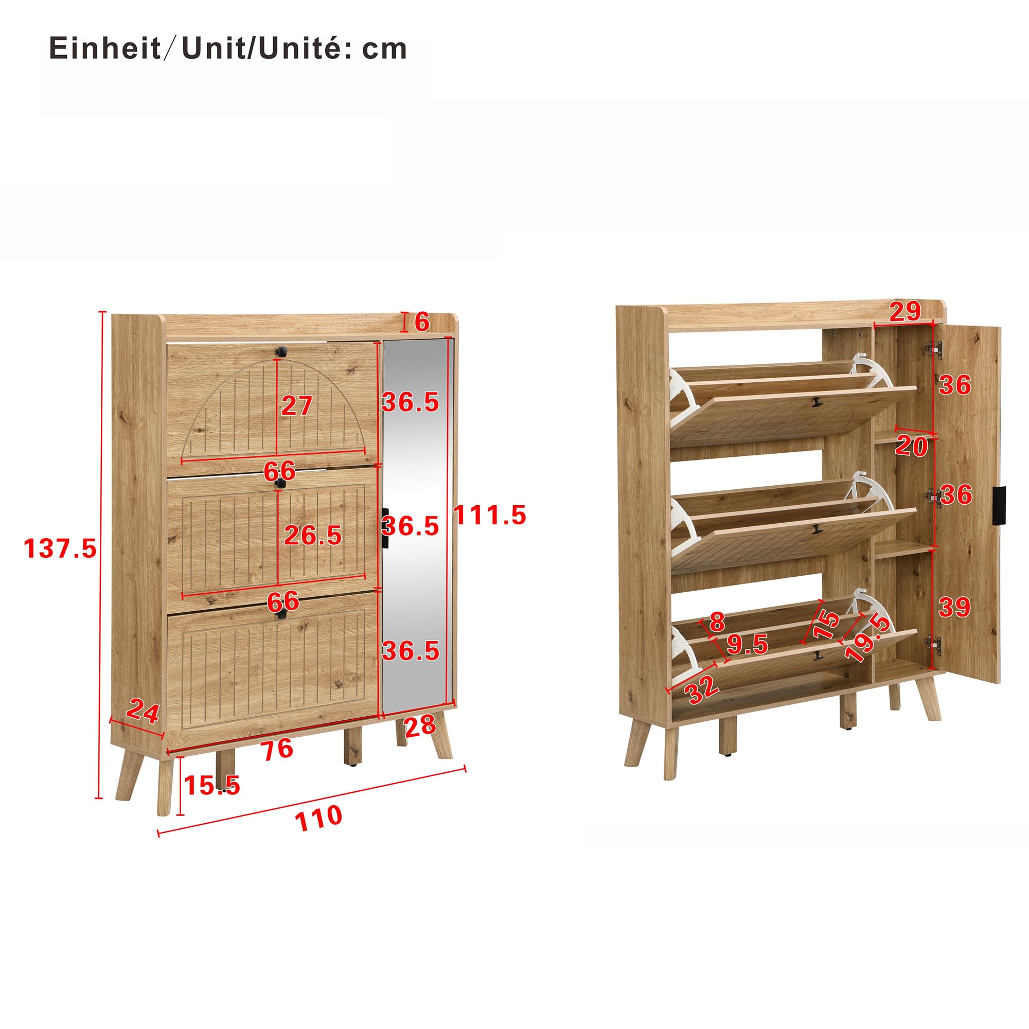 Scarpiera da corridoio, 110 x 24 x 137,5 cm, con specchio, 3 scomparti pieghevoli e ripiani, effetto legno, robusta scarpiera per ingressi stretti, design nordico