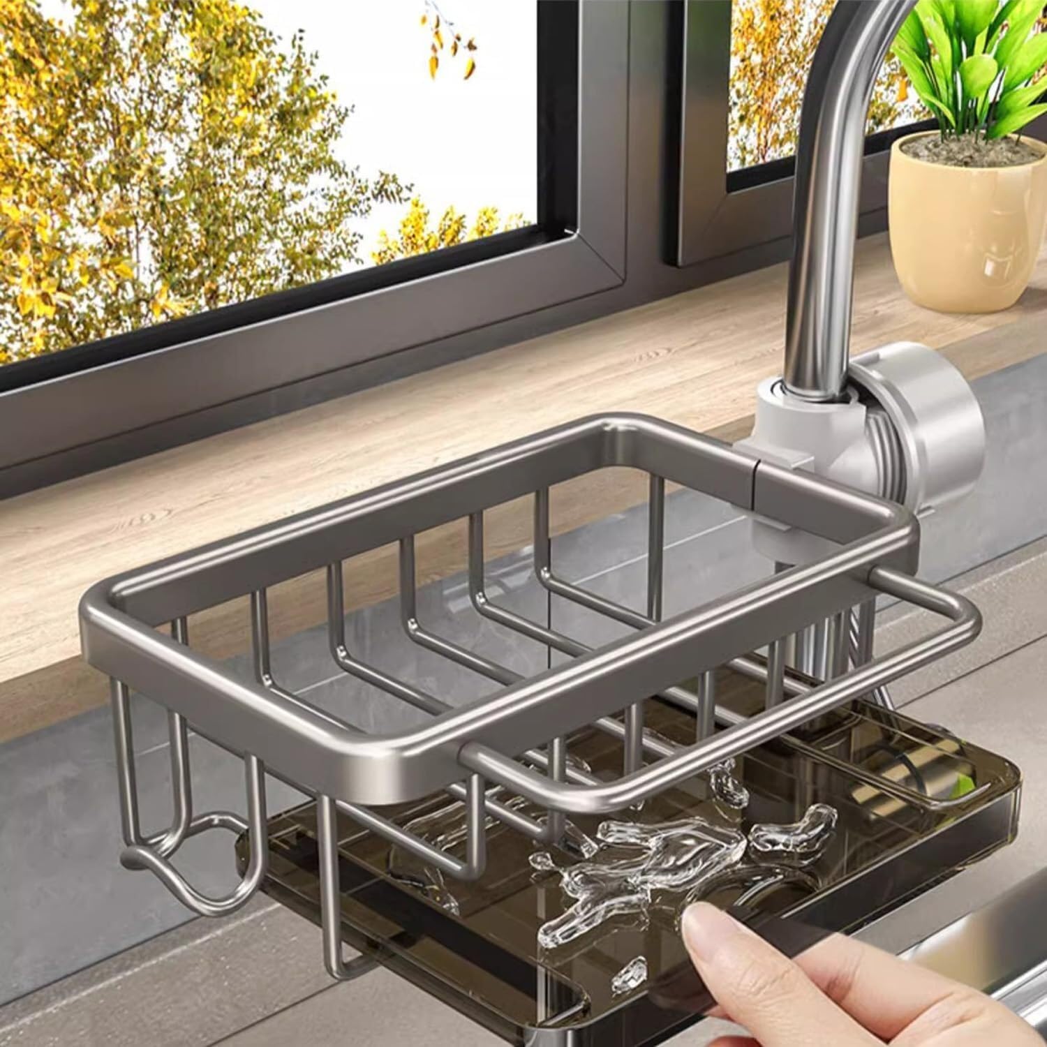 Kitchen Sink Faucet Organizer with Drain Tray, Kitchen Sink Organizer Over Faucet, Dish Sponge Holder Over Faucet Kitchen Sink Caddy Organizer(Black)