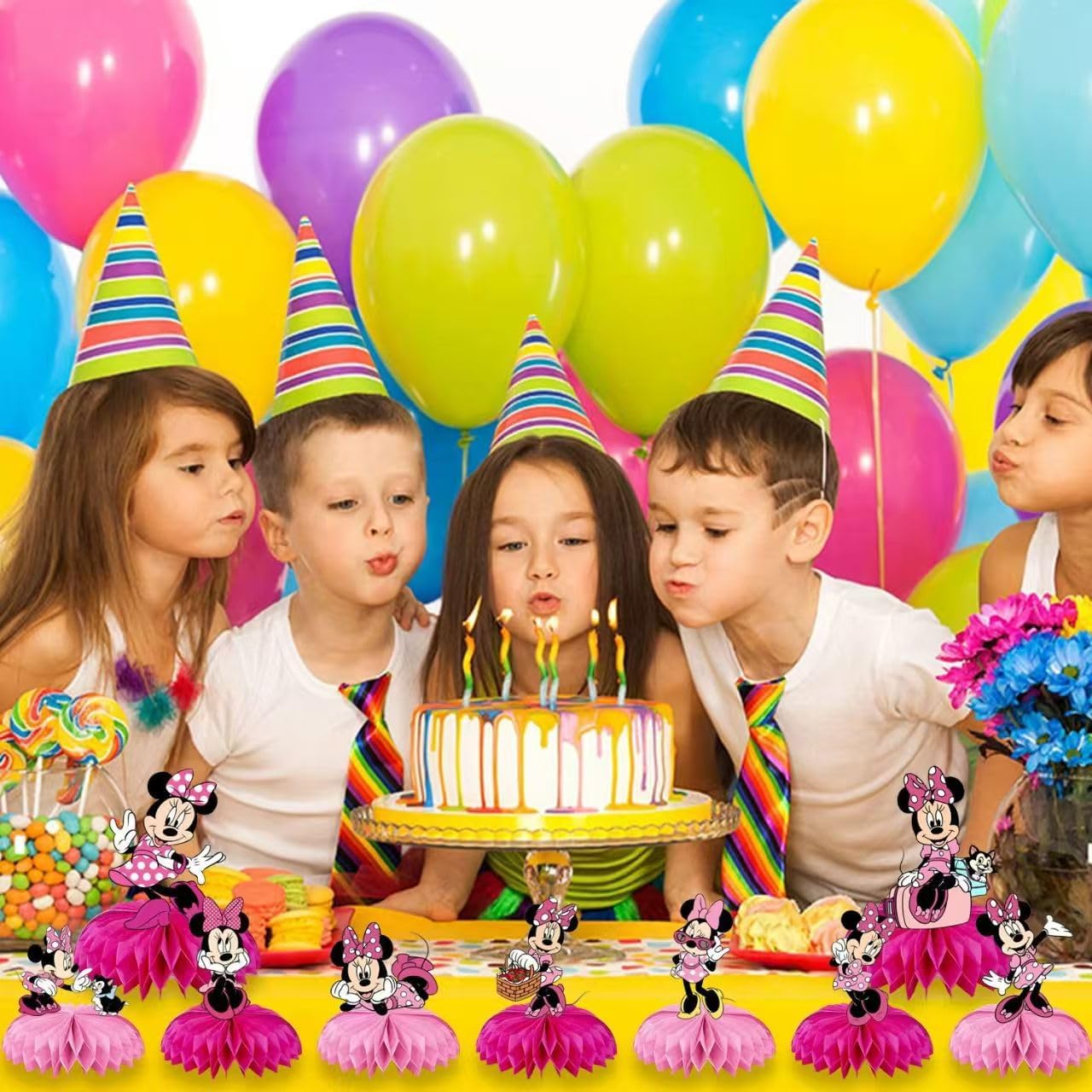 For Minnie Birthday Party Supplies, 9Pcs Honeycomb Centerpieces for Mouse Party Decorations, Double Sided Table Decorations Centerpieces Party