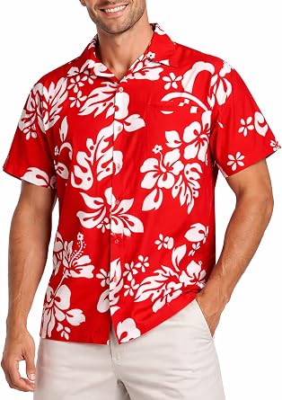 KING KAMEHA Plus Size Mens Hawaiian Shirt Short Sleeve Aloha Summer Shirt with Hibiscus Print, Lightweight, Easy Care