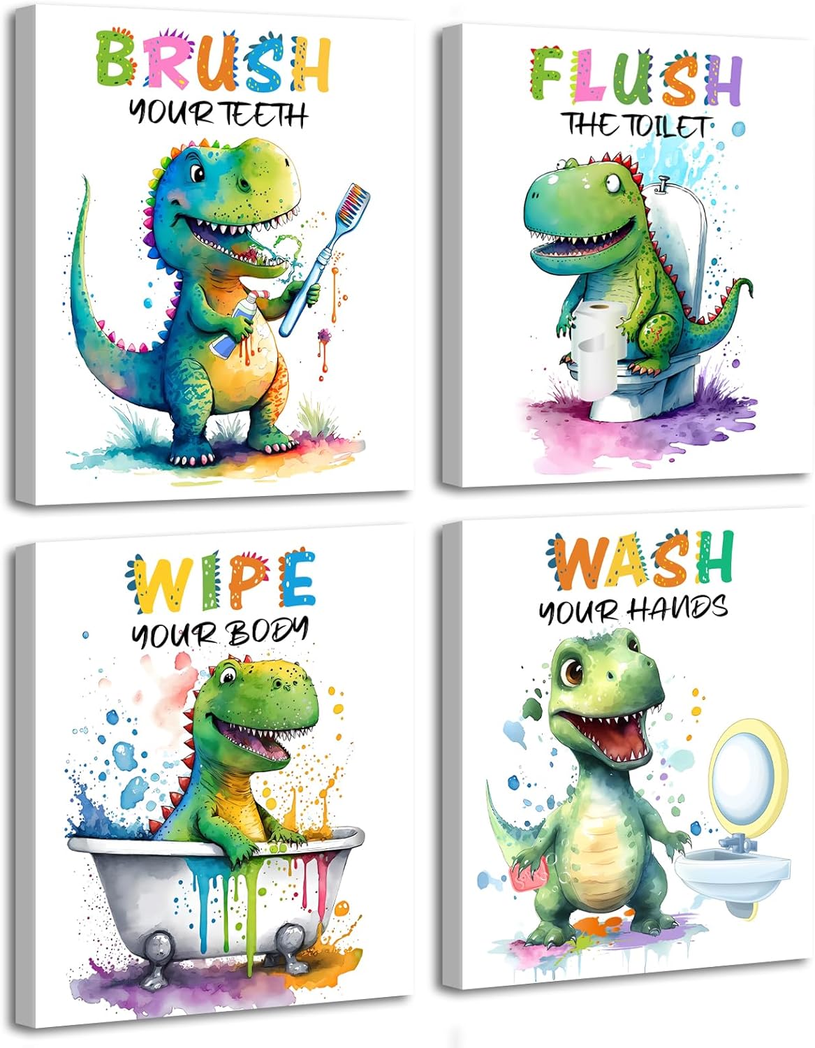 ZHAXFA Framed Dinosaur Bathroom Wall Art Prints,Kids Bathroom Canvas Wall Art,Funny Dinosaur Themed Inspirational Quotes Art Prints Artwork Home Decor Set of 4 (8”X10”inch)