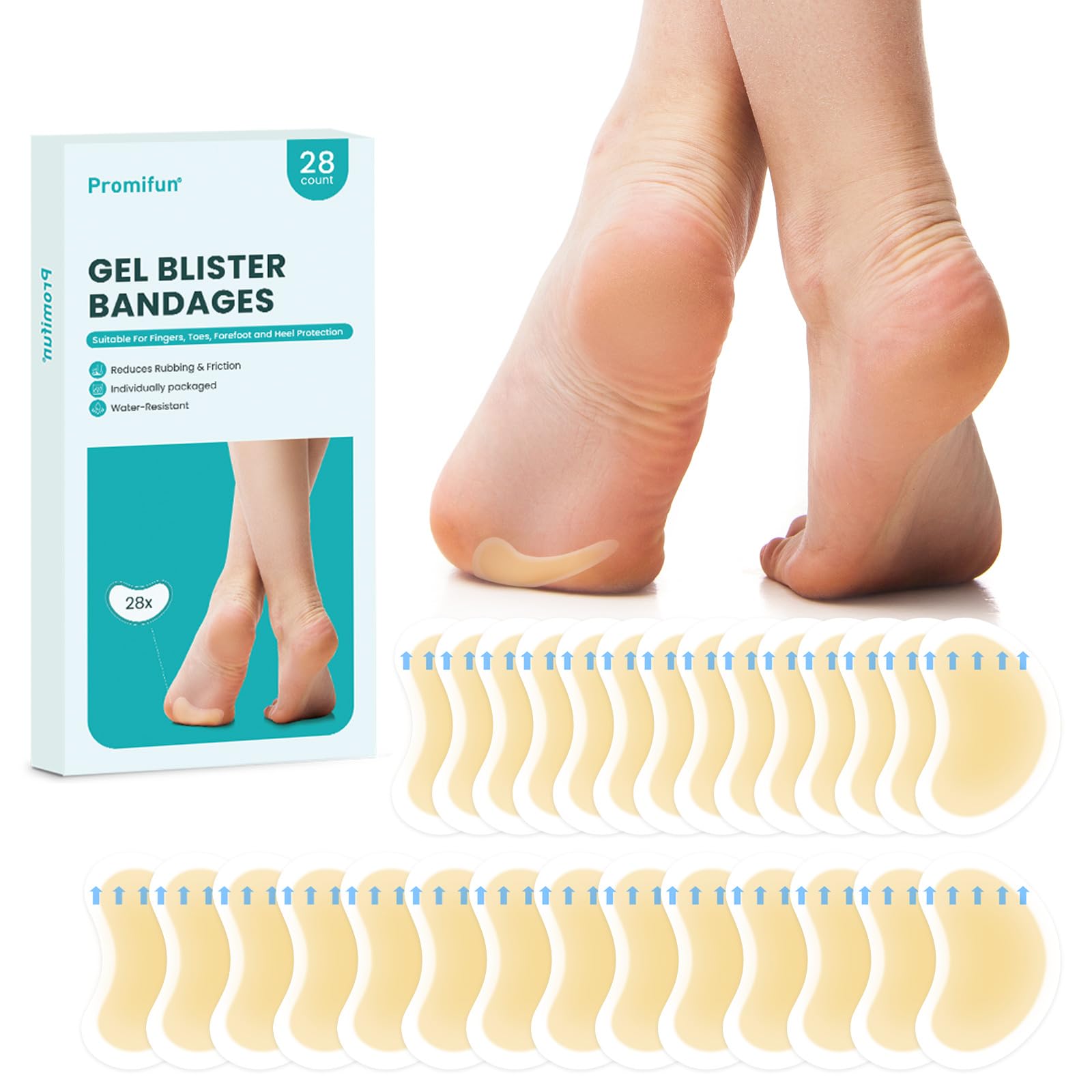 Promifun Blister Pads - 28 ct Water Resistant Hydrocolloid Bandages for Foot, Toe, Heel - Gel Blister Cushions for Prevention & Recovery, Variety Pack — Amazon image 10