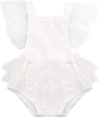 Newborn Infant Baby Girl Lace Clothes Sleeveless Romper Jumpsuit Halter Backless Tutu Dress Birthday Outfit Mesh Fluffy Sleeve Bodysuit, 18-24 Months