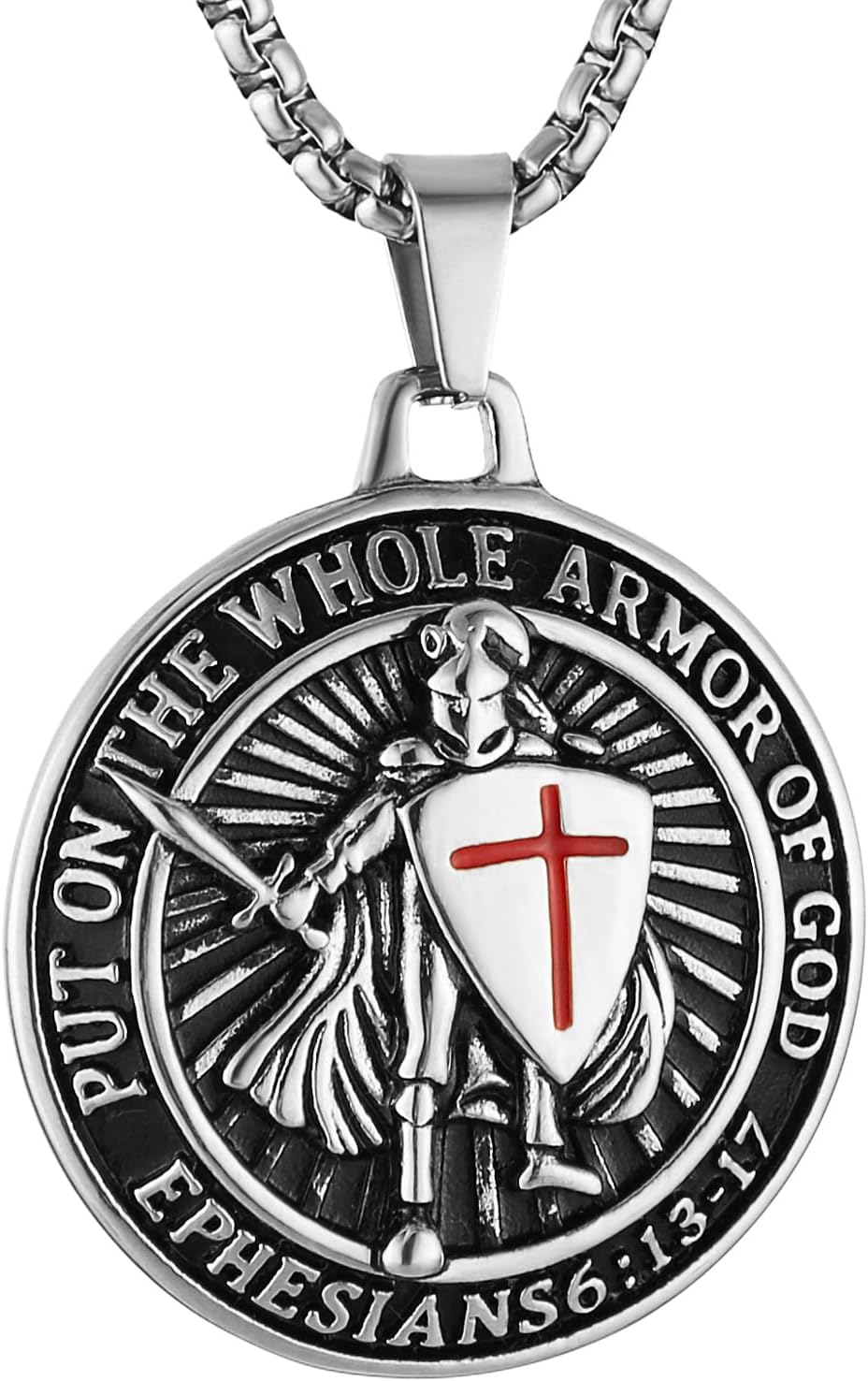 HZMAN Knights Templar Put On The Whole Armor of God Ephesians 6:13-17 Red Cross Design Stainless Steel Necklace for Men Jewelry Gift