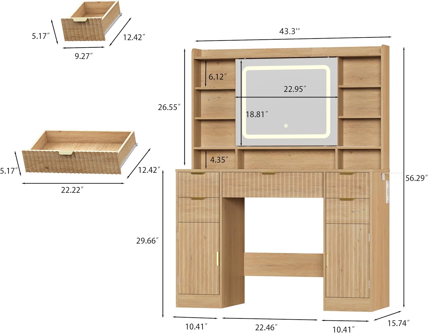 Makeup Vanity Desk with Mirror, Fluted Vanity with 5 Drawers and 2 Cabinets & Open Shelves and Power Outlet & Sliding Lighted Mirror and 3 Lighting Modes, Wood Dressing Table for Bedroom, Natural Oak