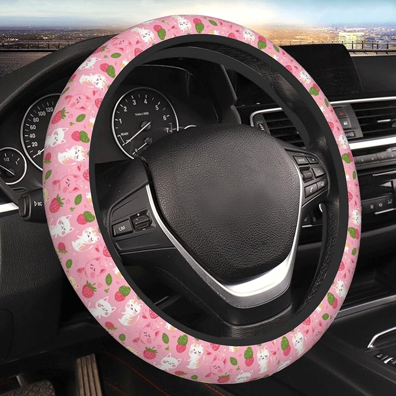 Capa para Volante Yiohaha Rosa com Gatos e Morangos em Borracha de Neoprene 38,1 cm