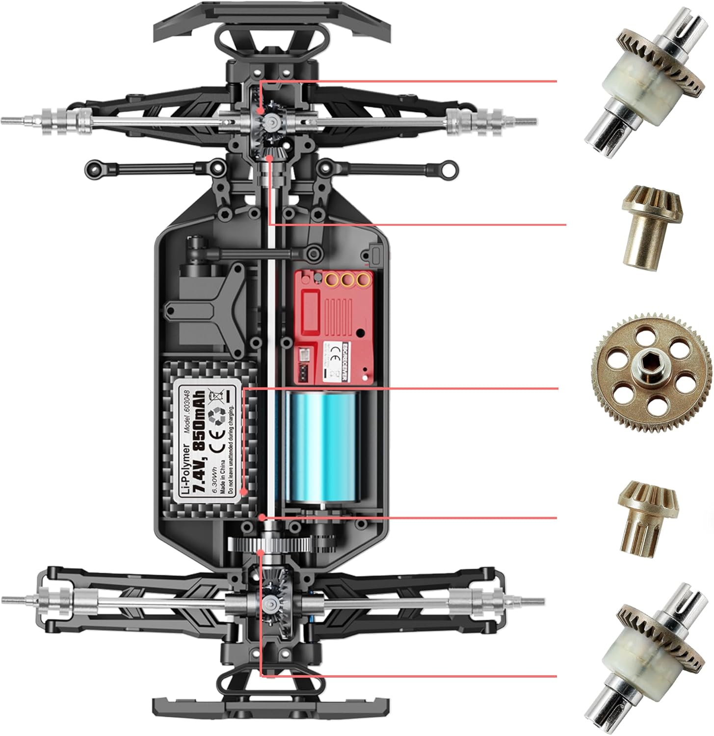 eksploderede View of RC Car Chassis with Gear Components Highlighted