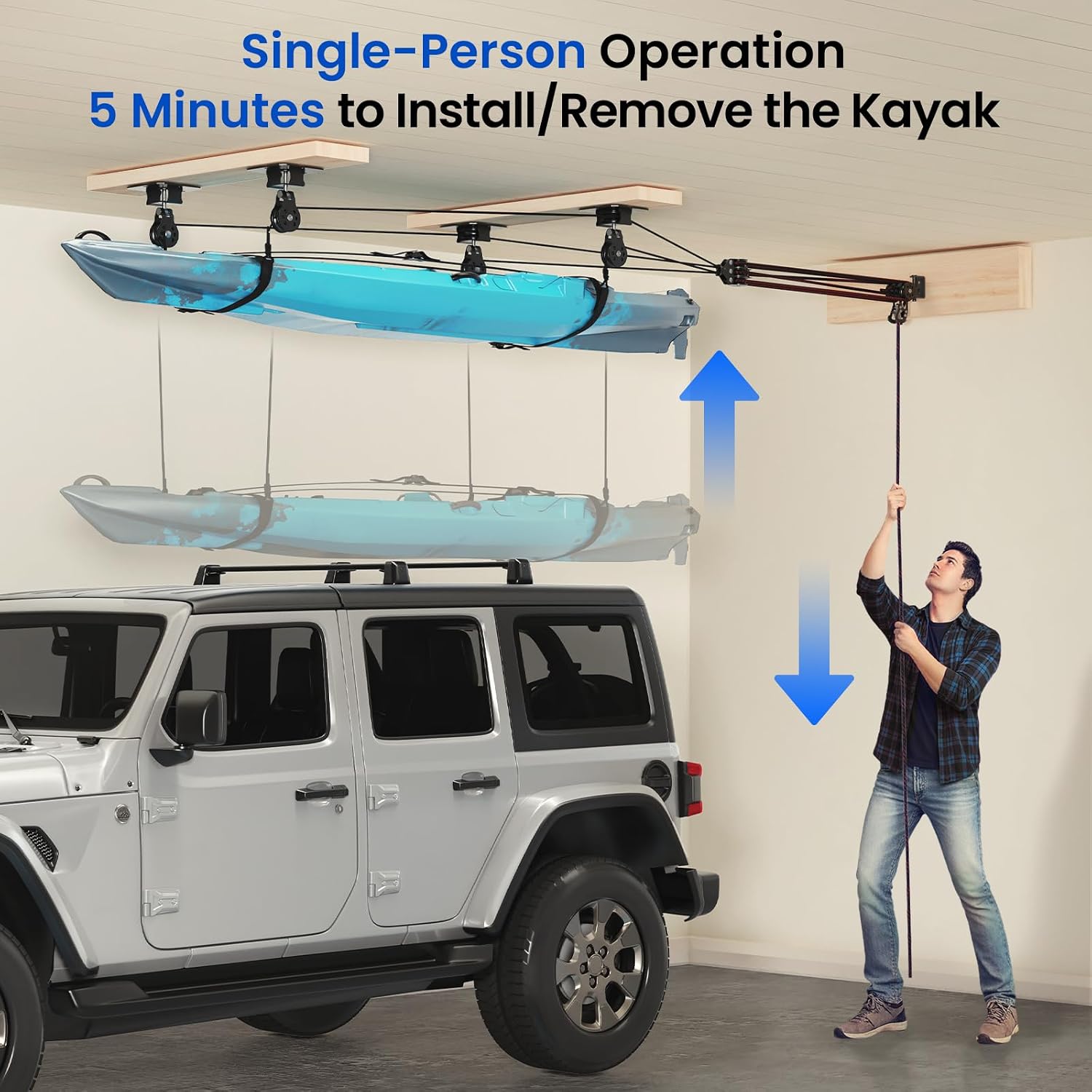 Kayak Storage Hoist for Garage Ceiling – 180lb Heavy Duty Overhead Pulley System, Kayak Hoist Pulley System for Garage Kayak Storage, Canoe Storage System, Jeep Wrangler Hardtop Lift