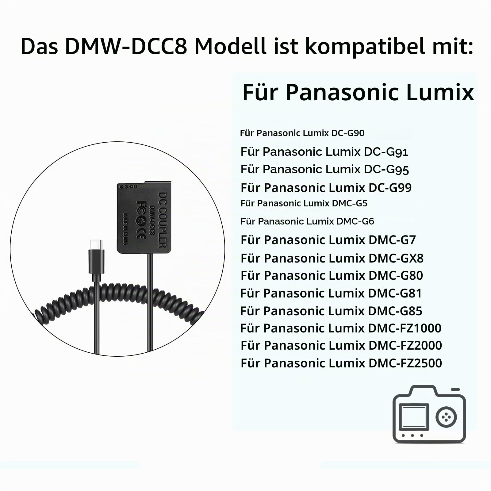 PD Spring Power Connector USB-C Cable DMW-BLC12 Dummy Battery DMW-DCC8 Coupler for Panasonic G6 G7 G80 G81 G85 GX8 G90 G91 G95 G99 FZ1000 FZ2000 FZ2500 Camera