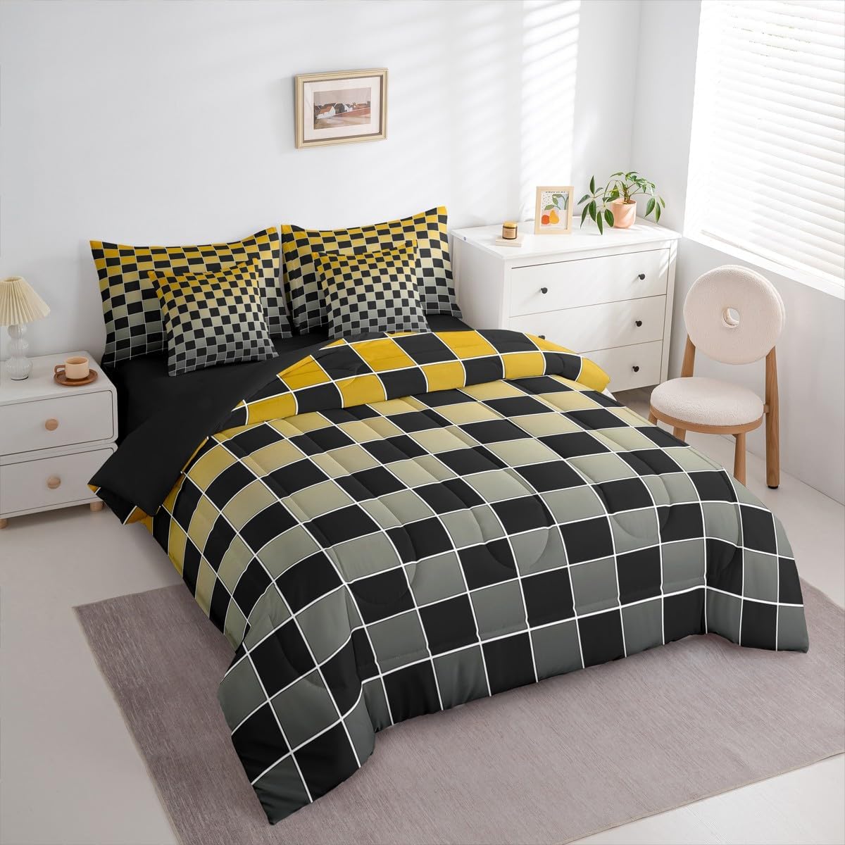 Erosebridal Black Checkered Queen Bed in A Bag 7 Piece Yellow Grey Ombre Comforter Set with Sheets Buffalo Plaid Grid Bedding Sets for Kids Adults,Aesthetic Gingham Bed Set