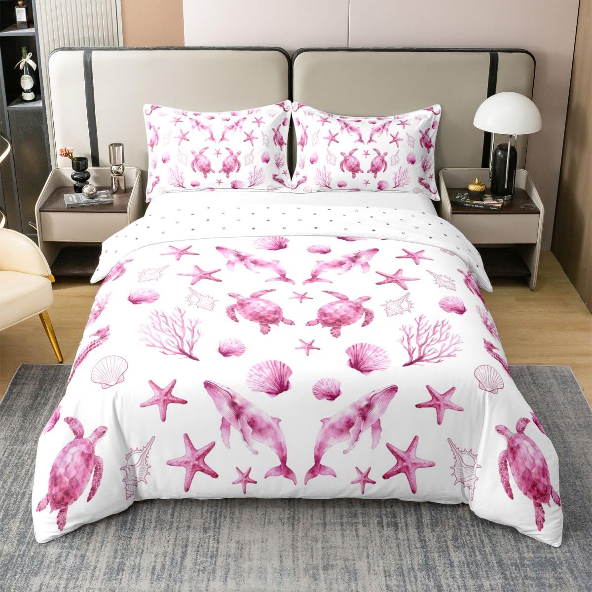 Parure de Lit Enfant Baleine et Tortue en Coton pour Chambre Fille