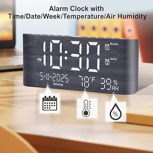 Miniatura 7 de PPLEE Reloj despertador digital de 8.7 pulgadas para dormitorio, reloj digital con día de la semana, mes, año, humedad y temperatura, brillo,