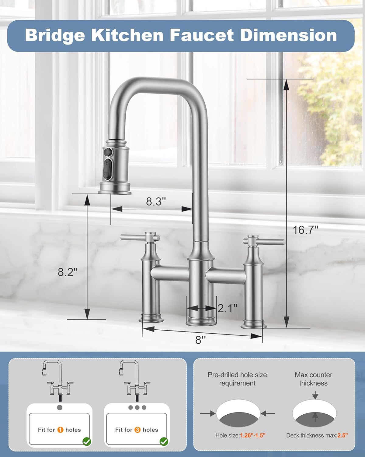Bridge Kitchen Faucet Brushed Nickel: 3 Hole Solid Brass Farmhouse Kitchen Sink Faucet with Pull Down Sprayer, 2 Handle 8 Inch Centerset High Arched Faucet with 360° Swivel Spout