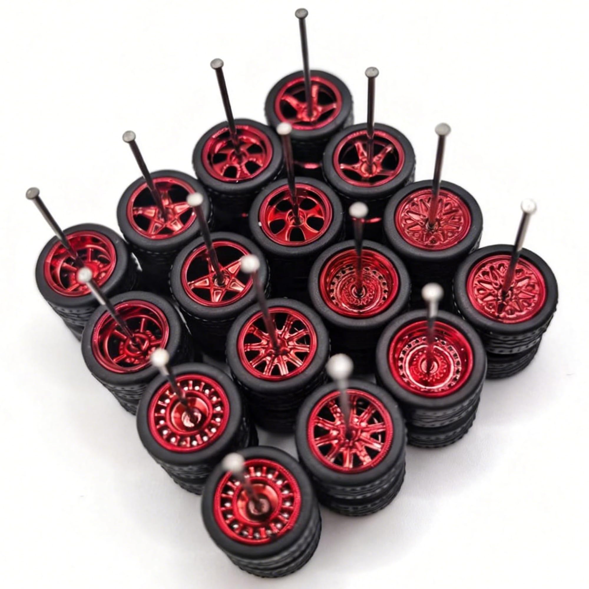 8 Set 1/64 Scale Wheels, 1 64 Wheels and Tires Set with 8 Styles Simulation Wheel Hub & Rubber Tires, 1/64 Wheels Suitable for Beginner DIY Modification 1/64 Diecast Cars (Electroplated Red)