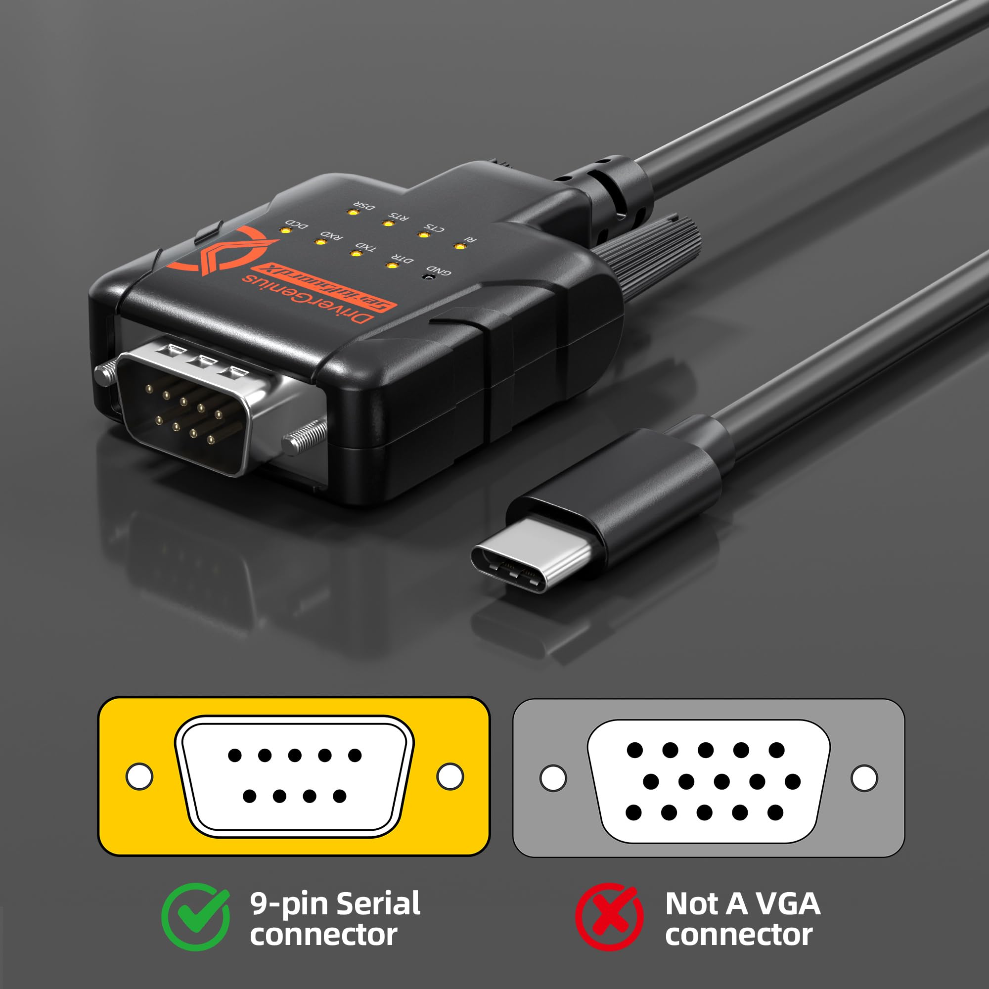 Adaptateur USB-C vers RS232 DB9 Série, Puce FTDI, 9 LED d’Indication, pour PLC et Équipements Industriels, Windows macOS Linux