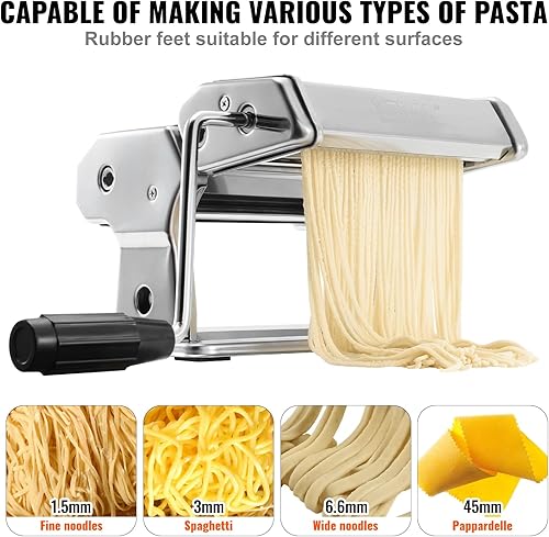 Miniatura 5 de VEVOR Máquina para hacer pasta, 9 ajustes de grosor ajustable, 150 rodillos de pasta de acero inoxidable, máquina de pasta con 3 accesorios,