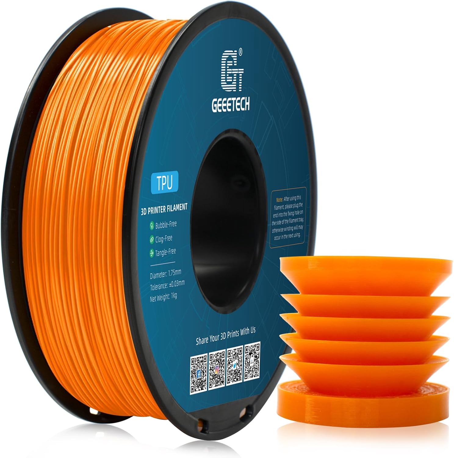 Geeetech TPU Filament 1.75mm, Shore 95A – Flexible 3D Printer Filament with High Elasticity, 1KG (2.2lbs) Spool, Dimensional Accuracy ±0.03mm, Fits Most FDM Printers (Orange)