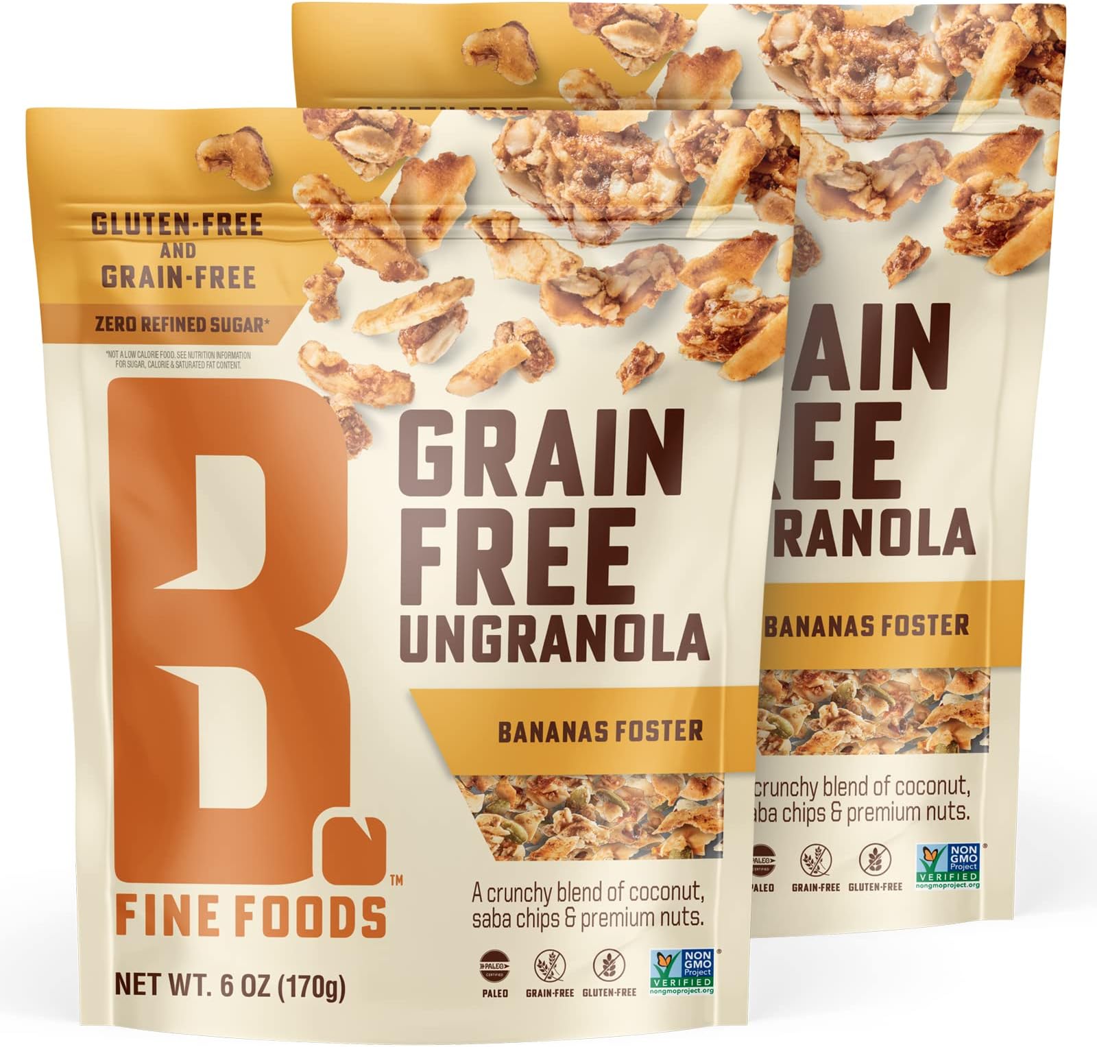 B. Fine Foods Grain-Free Crunchy Granola Snack of Coconut, Saba Chips & Premium Nuts - UnGranola Banana Foster - Zero-Refined Sugar, Gluten-Free, Kosher, Paleo & Keto-Friendly (6 oz, 2 Pack)