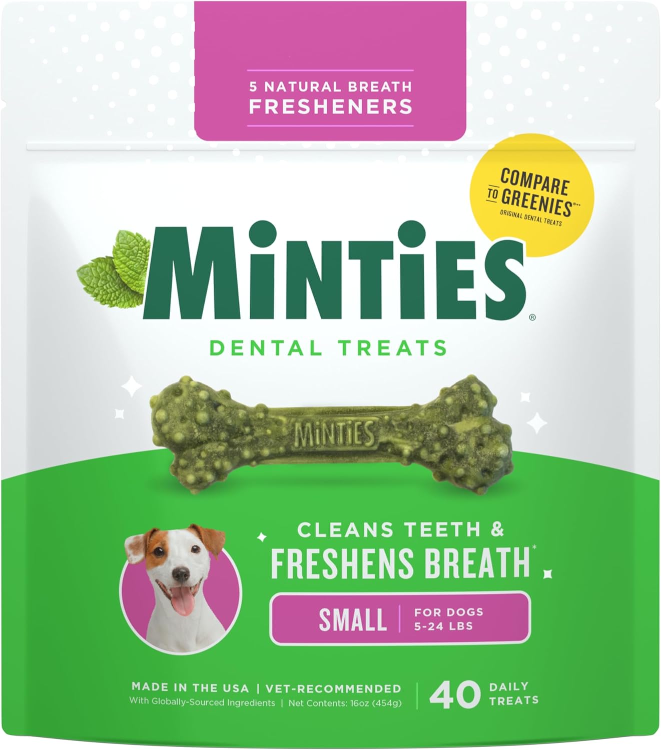 Product image of Minties Dental Chews for Dogs, 40 Count, Vet-Recommended Mint-Flavored Treats for Tiny/Small Dogs 5-24 lbs, Dental Bones Clean Teeth, Fight Bad Breath, and Removes Plaque and Tartar