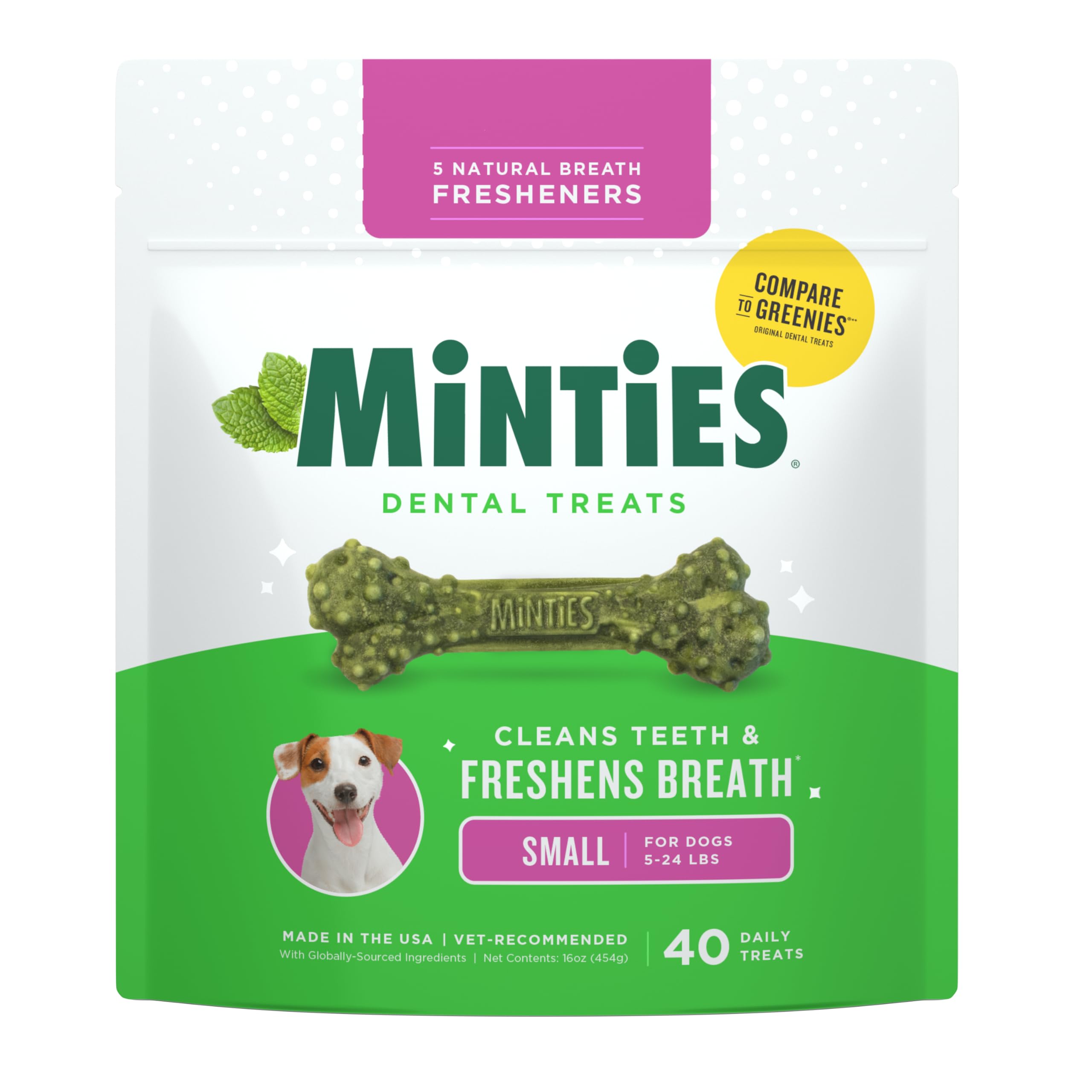 MintiesDental Chews for Dogs, 40 Count, Vet-Recommended Mint-Flavored Treats for Tiny/Small Dogs 5-24 lbs, Dental Bones Clean Teeth, Fight Bad Breath, and Removes Plaque and Tartar