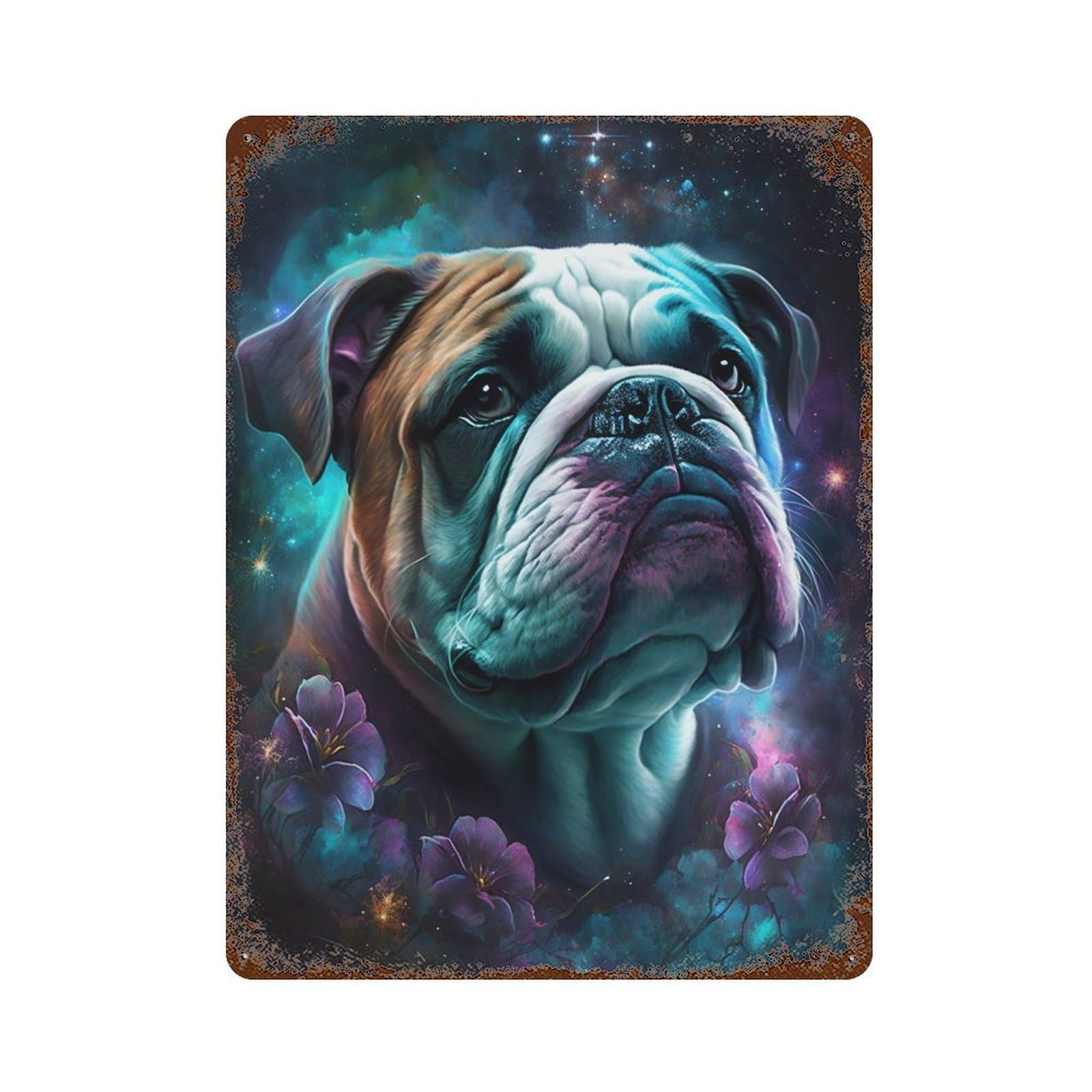 Space Bulldog with Flowers -5 15.7"x11.8" Weathered Tin Sign, Shabby Chic Decor for Farmhouse, Kitchen And Entryway Decor