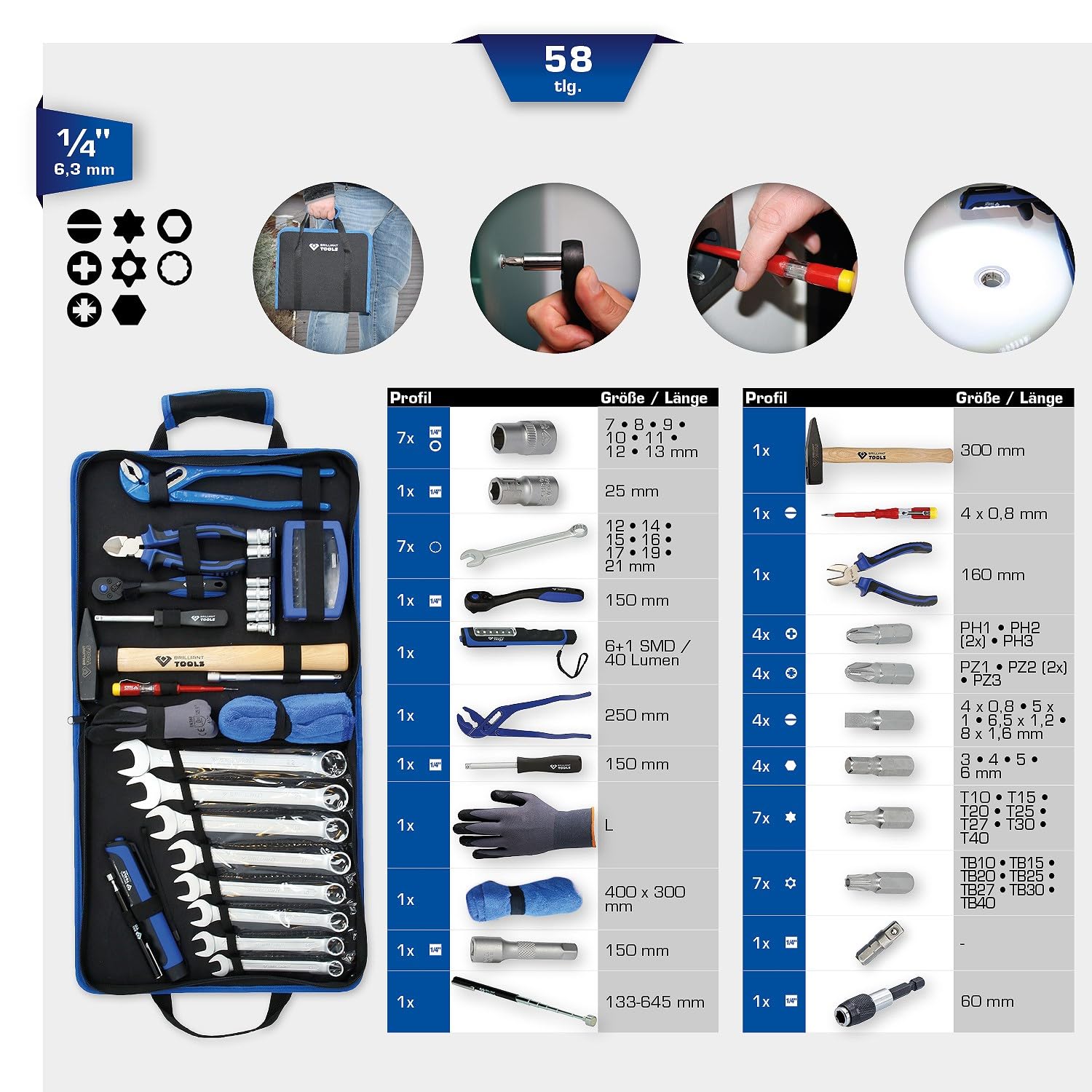 BRILLIANT TOOLS Sac à Outils en Nylon 58 Pièces BT024058 - Outils Universels pour Atelier - Idéal pour Travaux Maison, Voiture, Vélo et Moto - Outils Ultra Résistant - Kit de Base Complet