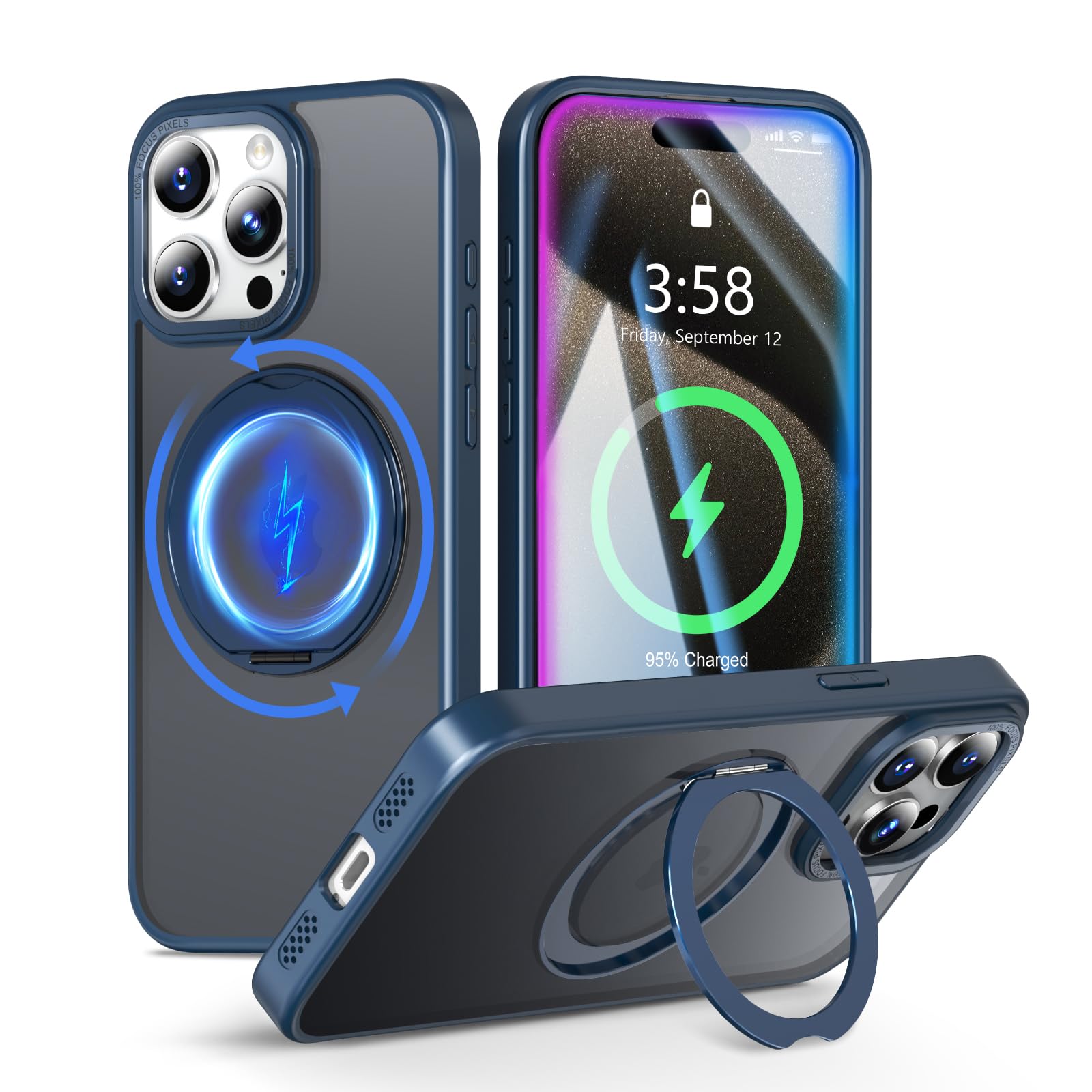 MINIKA iPhone 15 Pro Max 用 ケース Magsafe 対応 360度回転 スタンド付き 多機能 スマホケース いPhone15Pro Max ケース 米軍MIL規格 耐衝撃 黄変防止 指紋防止 マグセーフ リング マグネット搭載 ワイヤレス充電 アイフォン15 プロマックス スマホ カバー あいふぉん15 ProMax 用（ブルー）