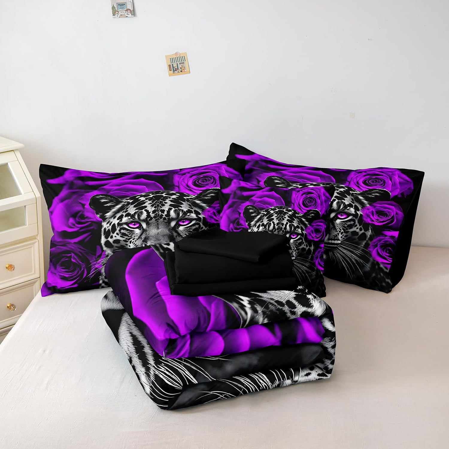 Merryword Cheetah Leopard Comforter Set Twin 6 Pcs Bed in a Bag Purple Rose Flower Comforter Set Purple Romantic Bedding Comforter Tiger Lion Wild Animal Duvet Set