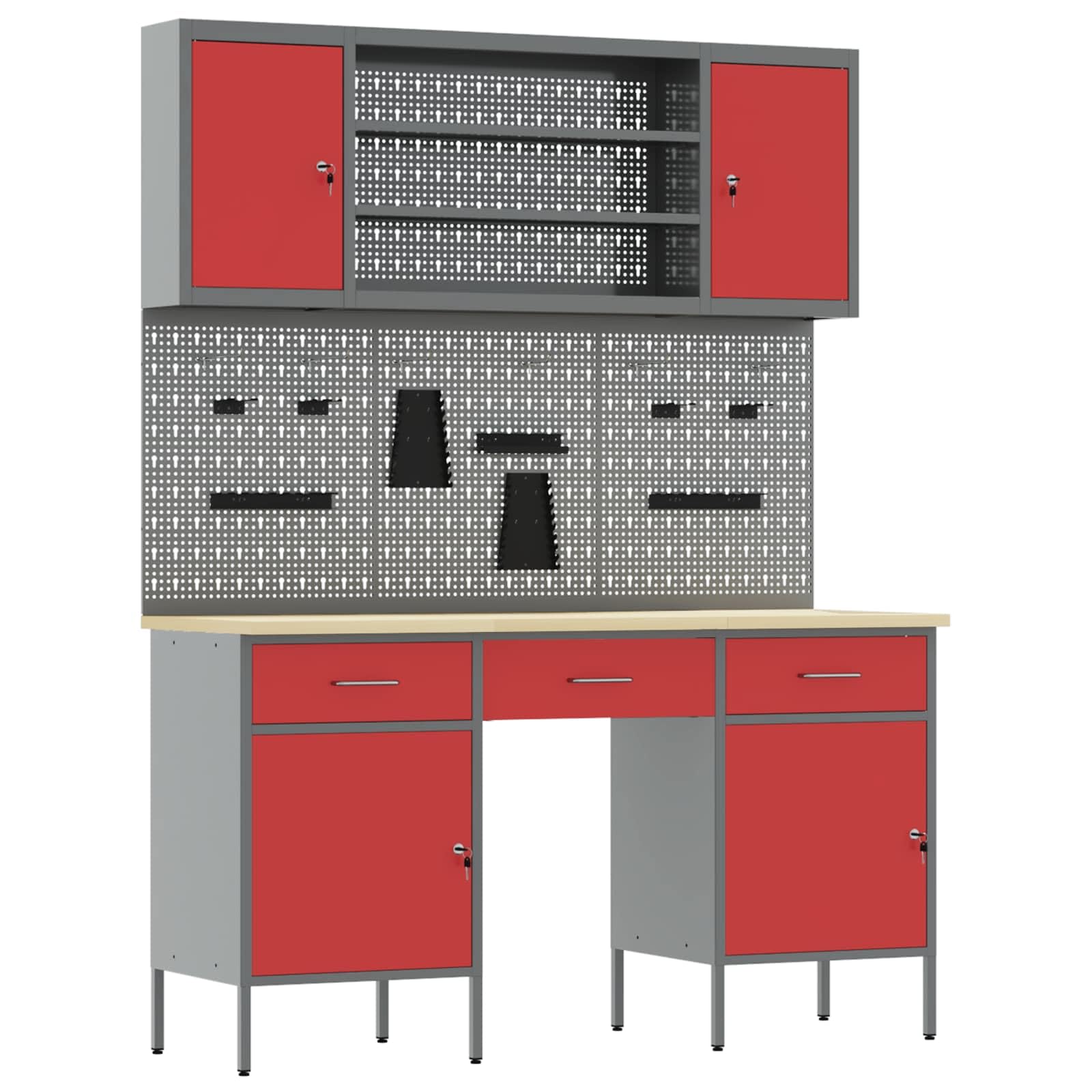 Moderne Werkbank mit 10 Schubladen, rot, aus Holz und Stahl für Werkstatt, robuste Aufbewahrung mit Loft-Design, einfache Montage