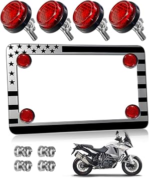 Motorcycle License Plate Frame with Red Reflectors Bolts and Nuts - American Flag Stainless Steel Bike Tag Plate Holder, USA Patriotic Bracket for Motorcycle