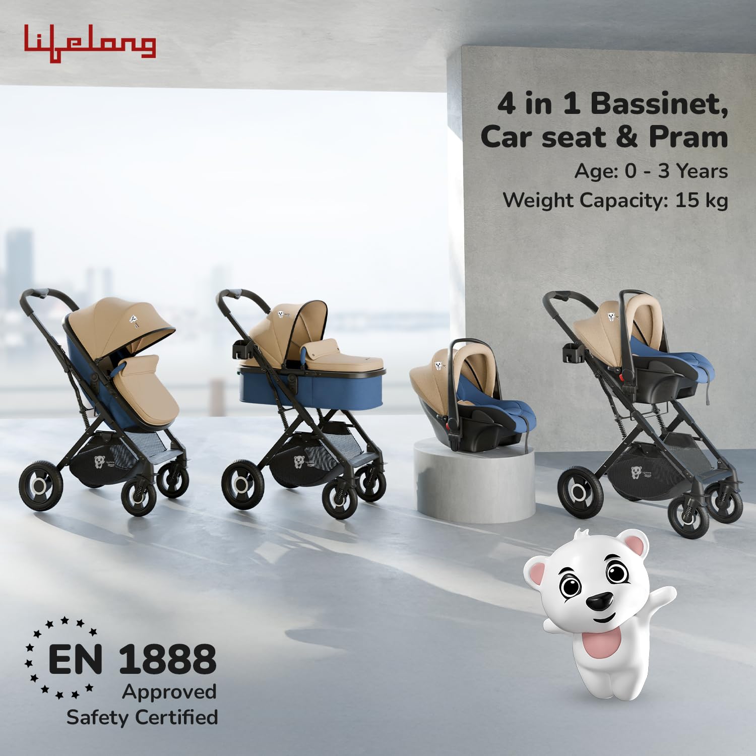 Lifelong Cuppy Baby Strollers 0 to 3 Years - 4 in 1 Stroller/Pram,Car Seat,Bassinet & Carry Cot - Sturdy Stroller with Bottle Holder & Mosquito Net|Foldable & Pram,Blue Beige - Image 2 thumbnail