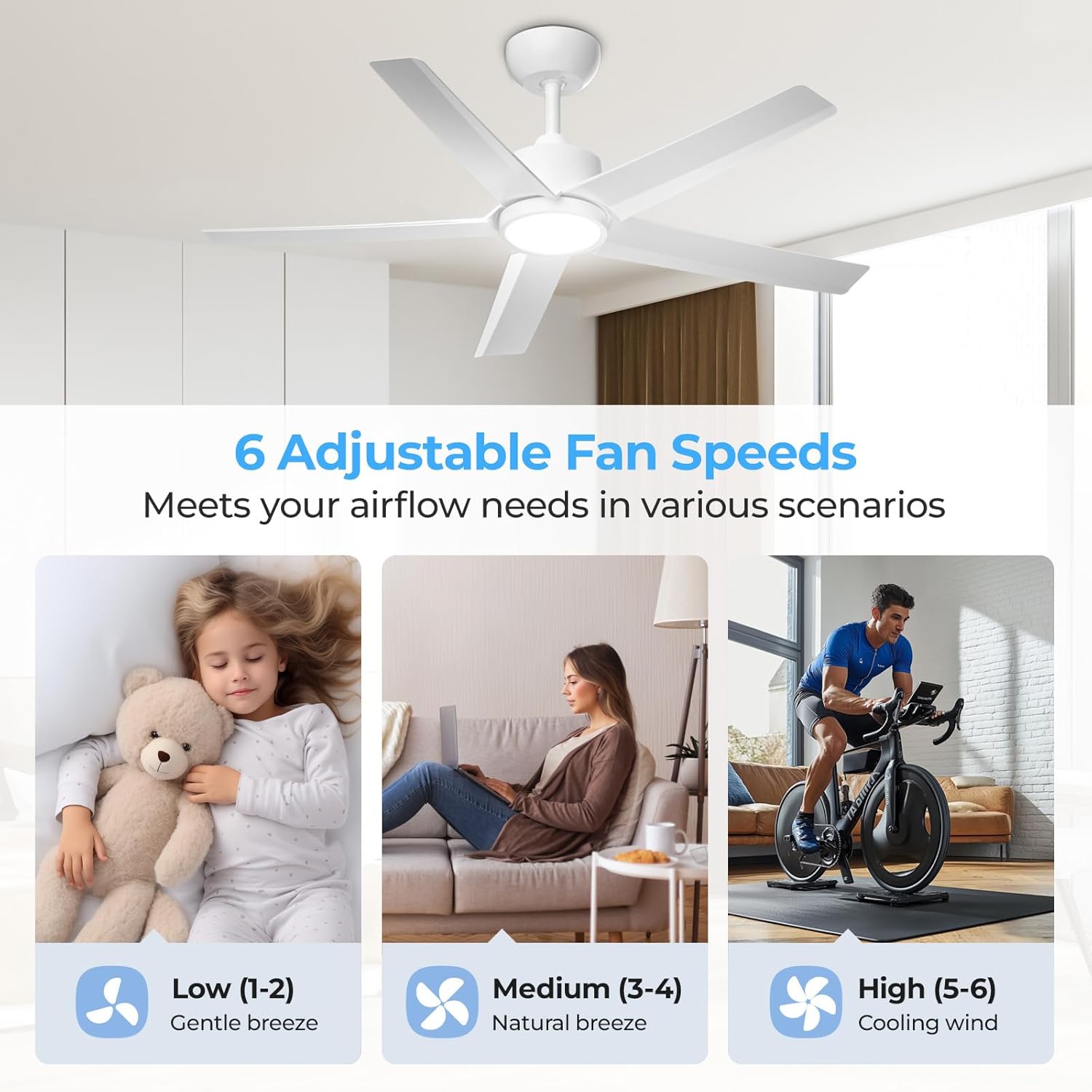 ocioc 44 Inch Ceiling Fans with Lights and Remote, White Ceiling Fan with Backlight, Reversible Airflow, Quiet DC Motor, 3000-6500K Dimmable LED, 6 Speeds Modern Ceiling Fan for Bedroom,Living Room