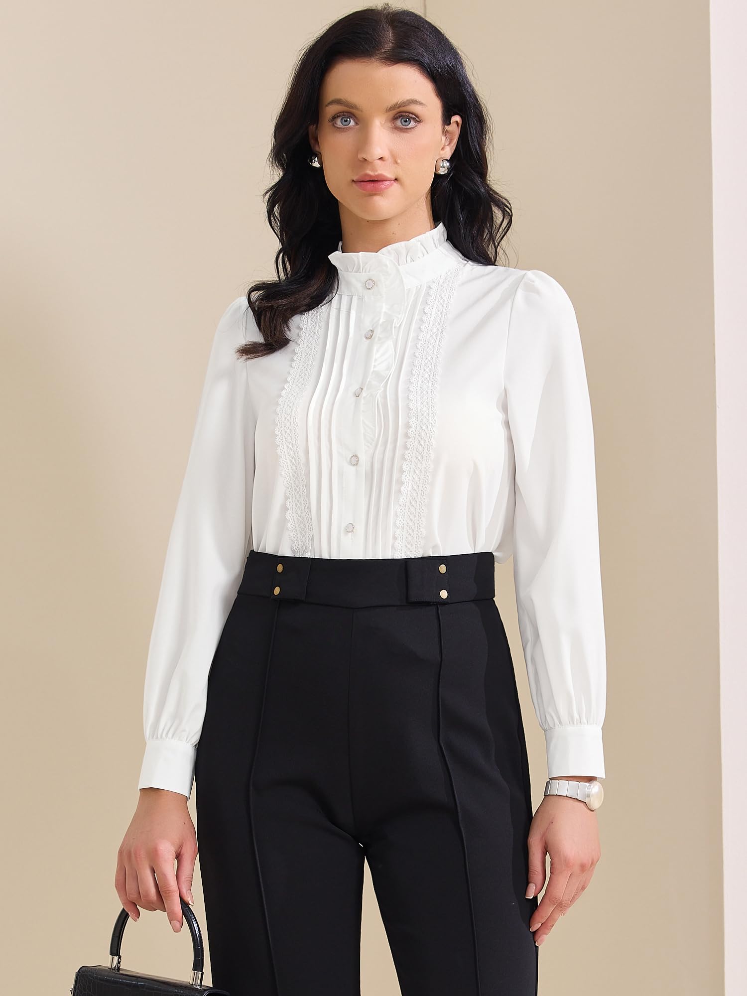 Allegra K Damen Retro Rüschen Button Down Shirts Casual Langarm Bluse Elegant Arbeit Tops
