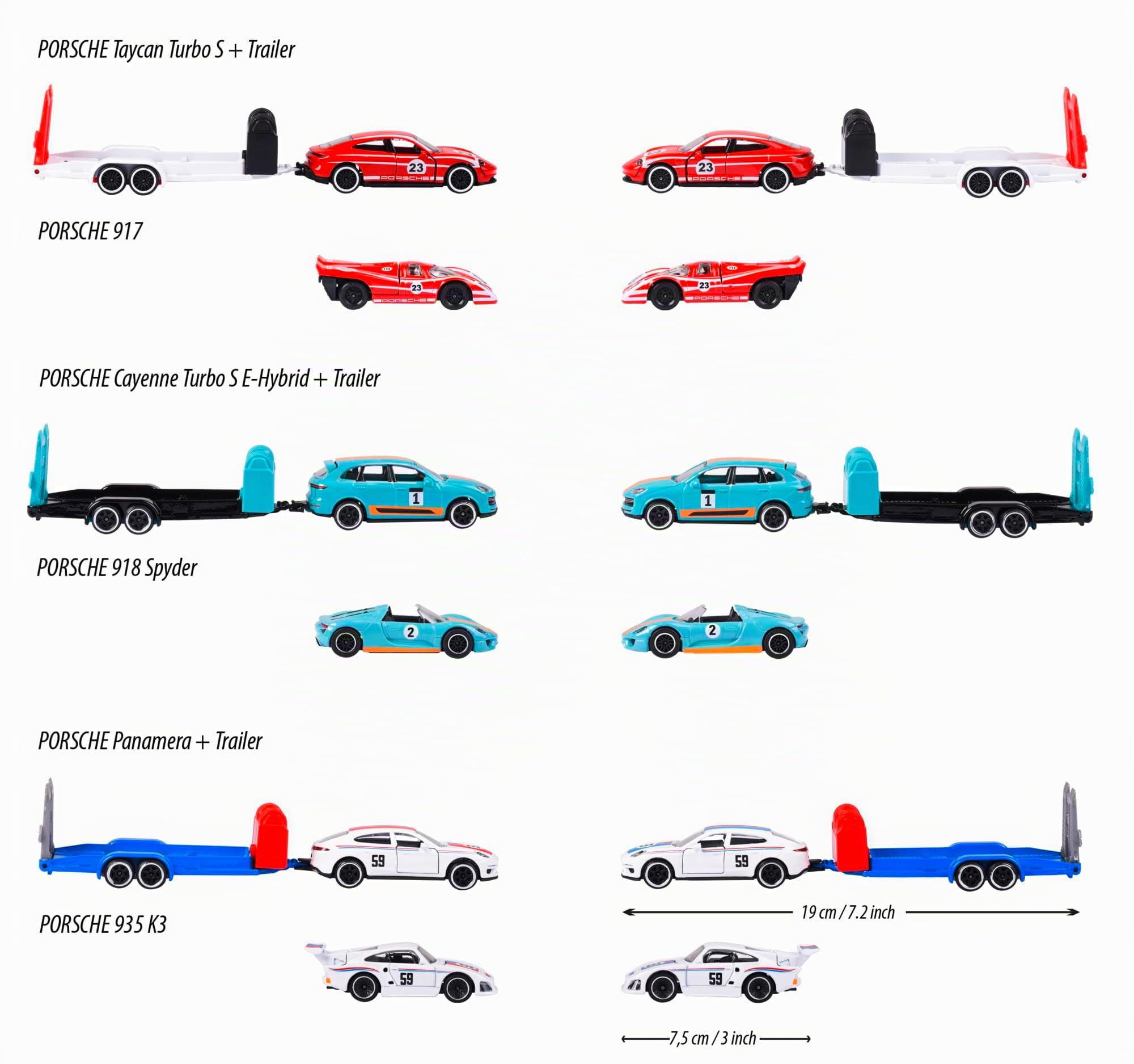 Majorette Race Trailer Set – 2 Voitures Porsche + Remorque 19 Cm – Métal, Hayon Ouvrant – Dès 3 Ans – Modèle Aléatoire
