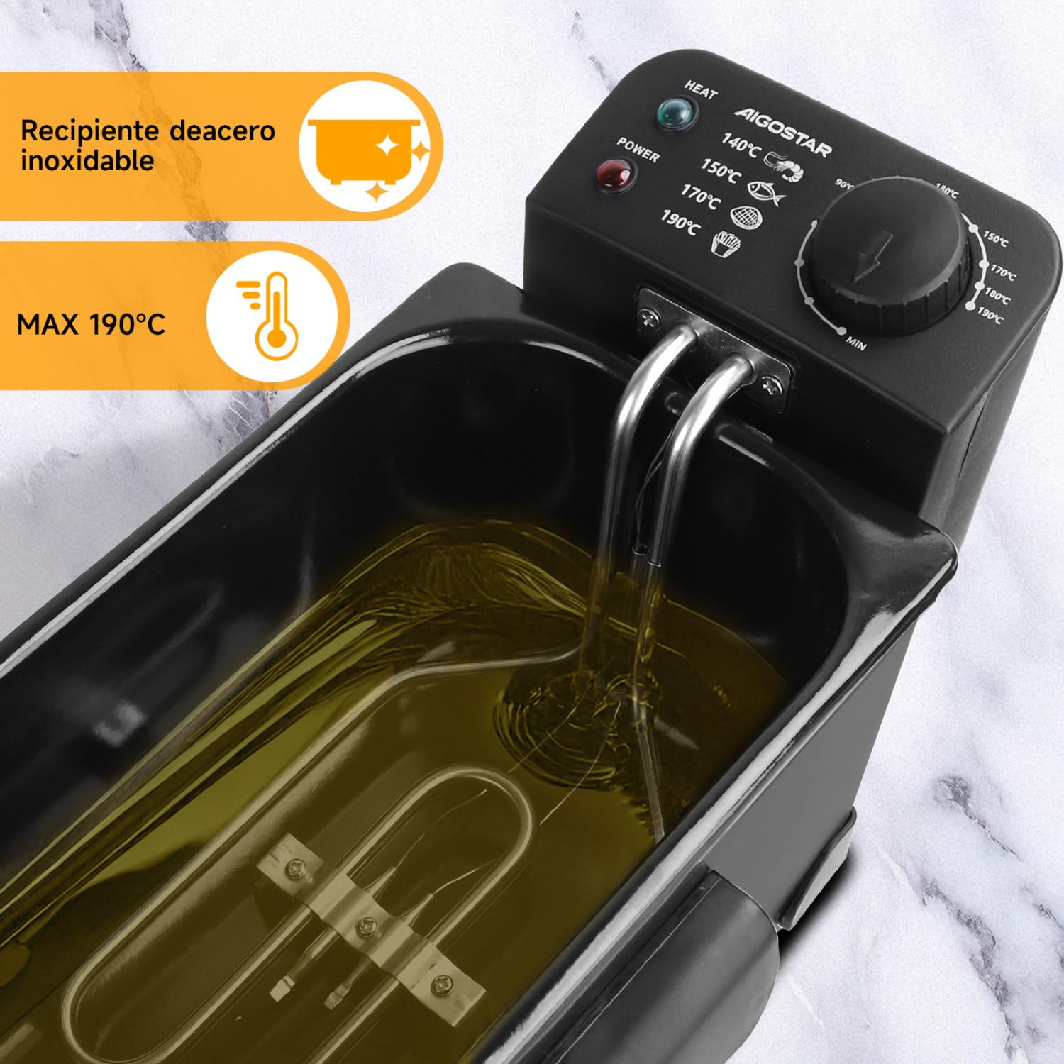 Aigostar Freidora de 3 litros, Acero inoxidable tipo 304 | 2200 watios de potencia, tapa con ventana de visualización, recipiente totalmente extraíble para vaciado de aceite