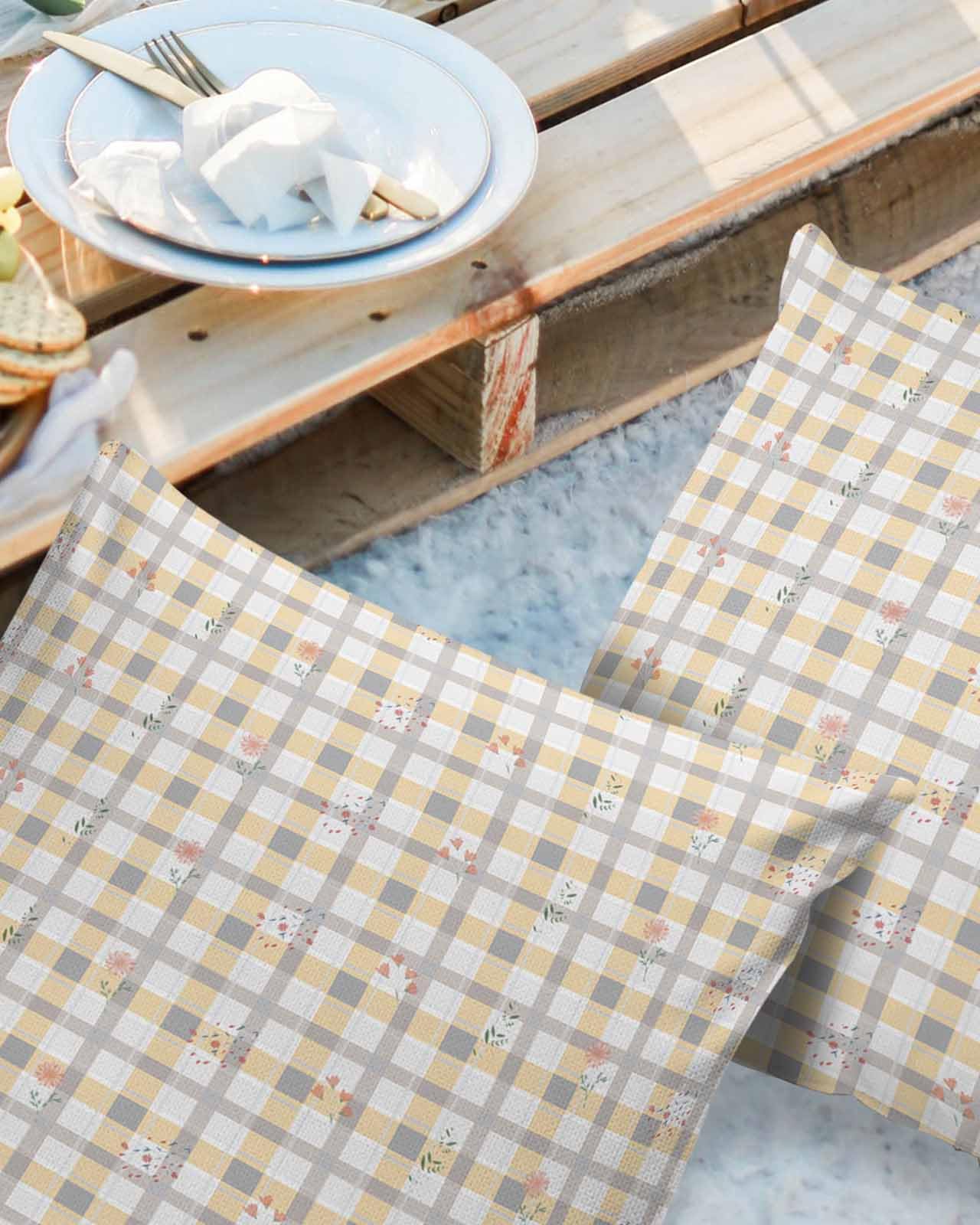 LBDecor Outdoor Throw Pillow Covers 24x24 Waterproof Farmhouse Flower Outdoor Pillows Decorative Pillow Covers Cushion Covers Pillowcase for Patio Garden Couch Set of 2, Yellow Gray White Grid