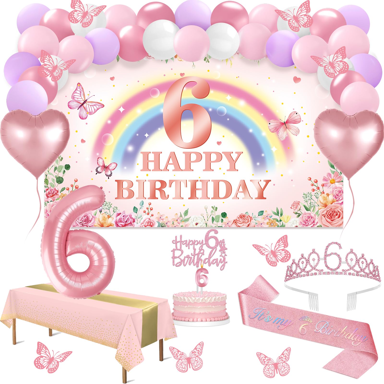 6th Birthday Decorations for Girls, 47pcs Silver Pink Happy 6th Birthday Banner, Tablecloth, Butterfly Decor, Sash and Tiara, Cake Topper, Candles, Balloons Arch, 6 Year Old Girls Gifts