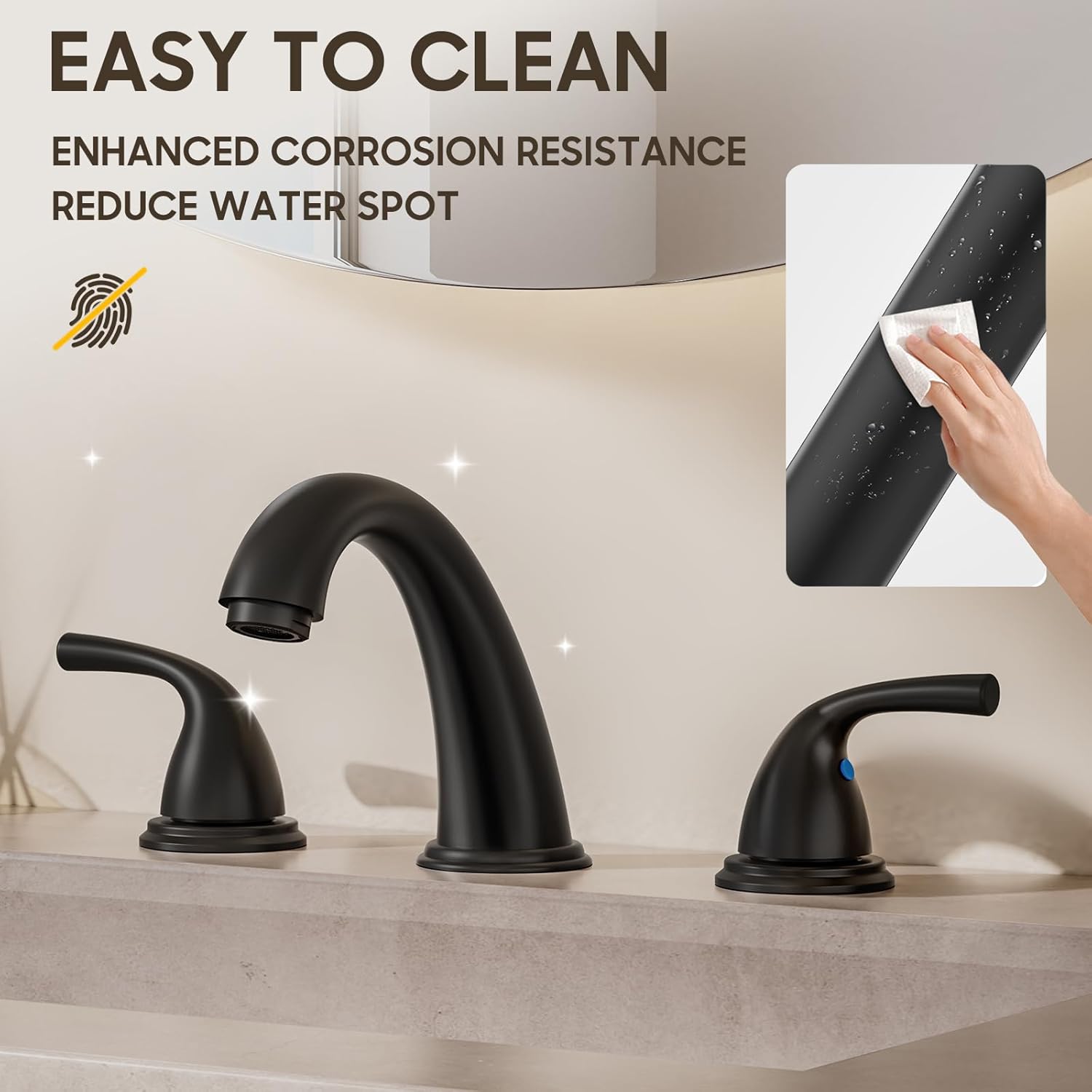 Phiestina 8 Inch 3 Hole Matte Black Widespread Bathroom Faucet, Low Arc Basin Sink Faucet, with Metal Pop-up Drain with Overflow and Water Supply Line, BF03008-B11-MB