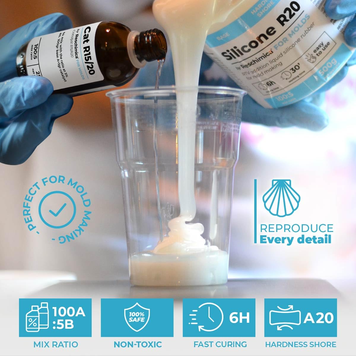 Reschimica Goma de Silicona Líquida R20, Ideal para moldes de Silicona Blanda, endurecimiento rápido, moldes DIY, Ideal para Hacer moldes para Resina, Cera, Yeso y hormigón (1, Kilogramos)