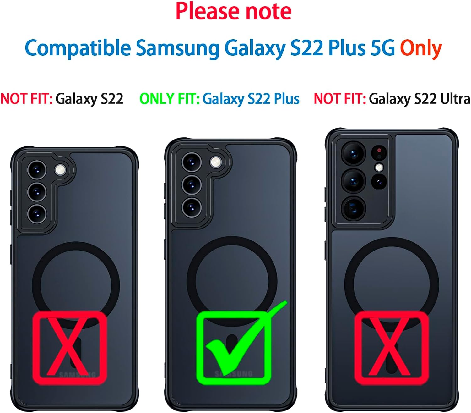 Matte Case for Samsung Galaxy S22 Plus 5G with Screen Protector, Compatible with Magsafe,[Wrist Strap] Magnetic Shockproof Military Drop Protection Translucent Back Slim Bumper Cover(Black) - Image 2