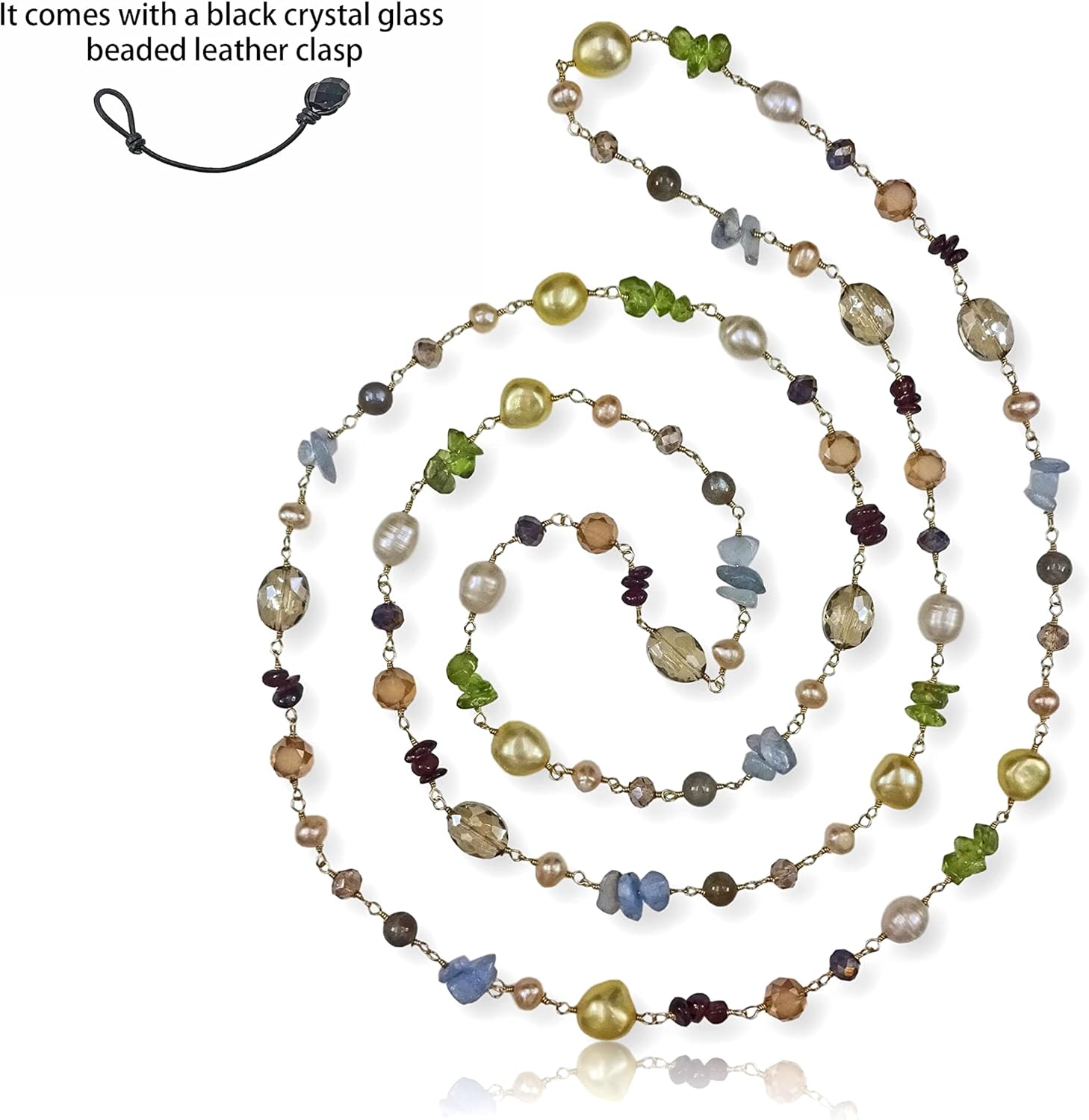 Hand Crafted Wire Wrapped Multi-Shape Multi-Color Gemstone Cultured Freshwater Pearl Wire Beaded Chain Station Necklace, About 45” Long.